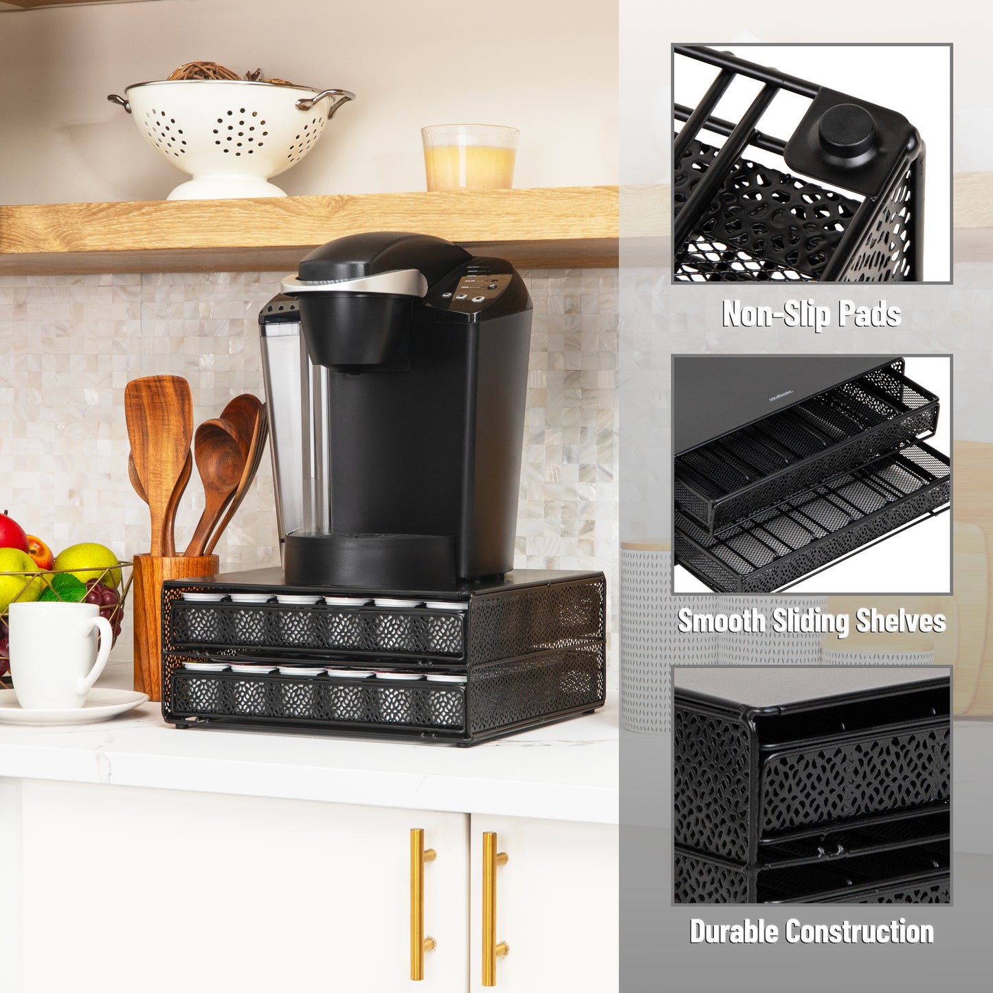 Mind Reader 2-Drawer Coffee Pod Organizer with Removable Dividers, 72 Pod Capacity, Monitor Stand Desktop Organizer, Metal Mesh, Black