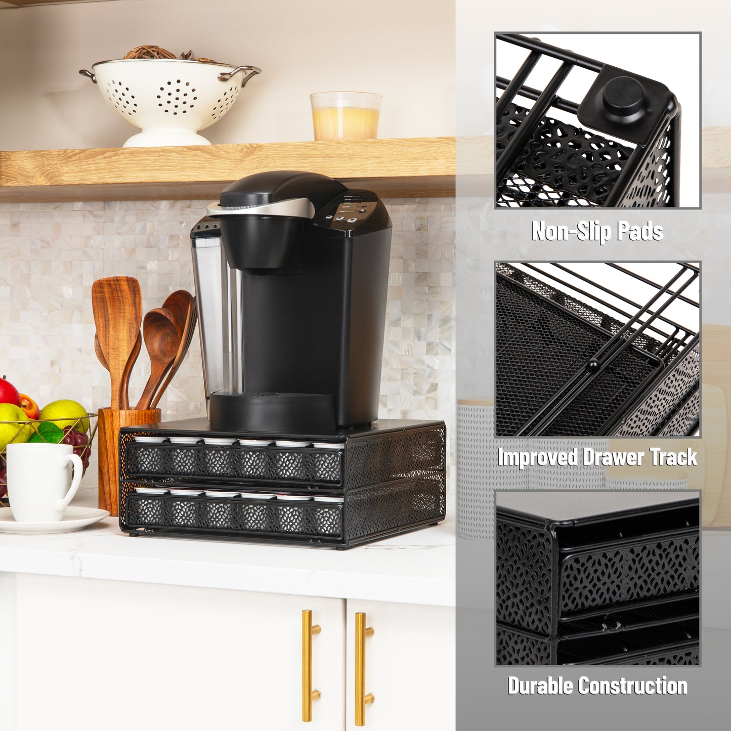 Mind Reader 2-Drawer Coffee Pod Organizer with Removable Dividers, 72 Pod Capacity, Monitor Stand Desktop Organizer, Metal Mesh, Black