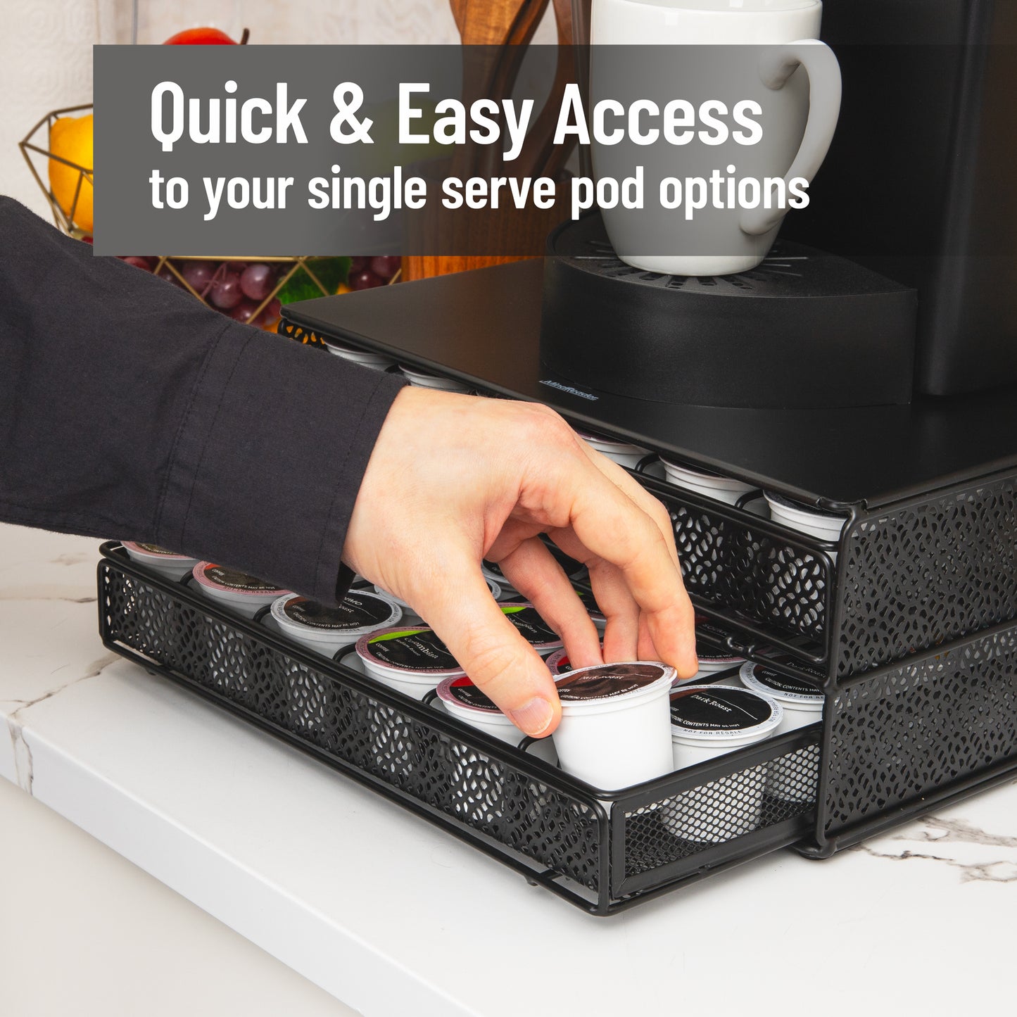 Mind Reader 2-Drawer Coffee Pod Organizer with Removable Dividers, 72 Pod Capacity, Monitor Stand Desktop Organizer, Metal Mesh, Black