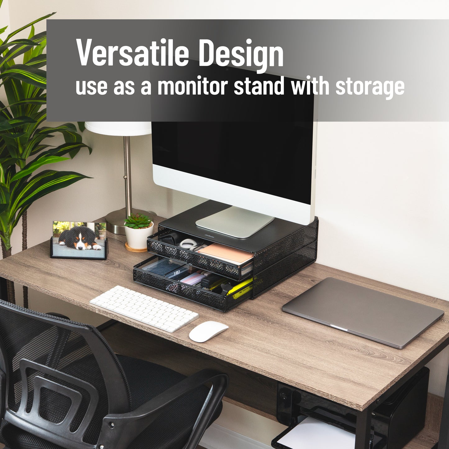 Mind Reader 2-Drawer Coffee Pod Organizer with Removable Dividers, 72 Pod Capacity, Monitor Stand Desktop Organizer, Metal Mesh, Black