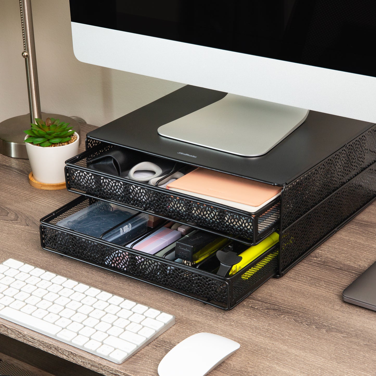 Mind Reader 2-Drawer Coffee Pod Organizer with Removable Dividers, 72 Pod Capacity, Monitor Stand Desktop Organizer, Metal Mesh, Black