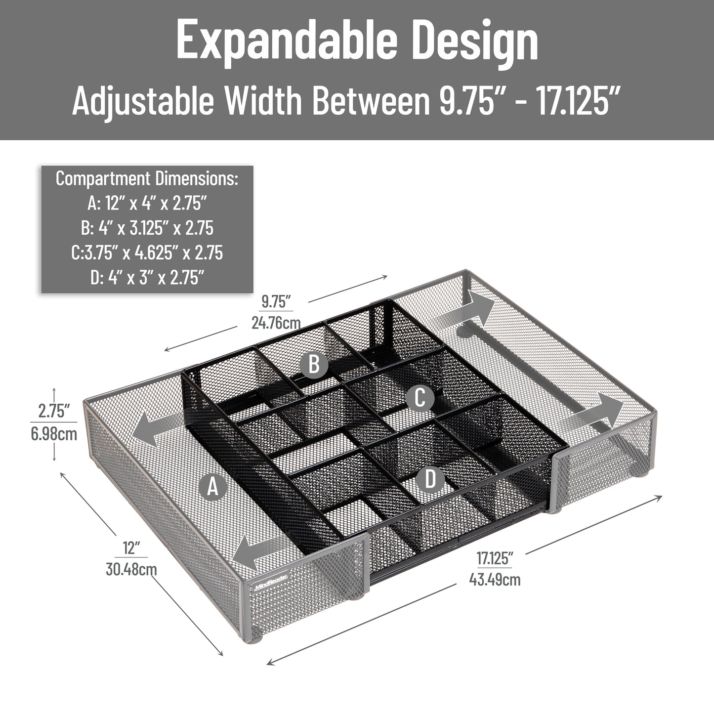 Mind Reader Expandable Mesh Desk Drawer Organizer, Adjustable from 9.25" to 17.125", Office Supply Storage Tray, Makeup Organizer, Black