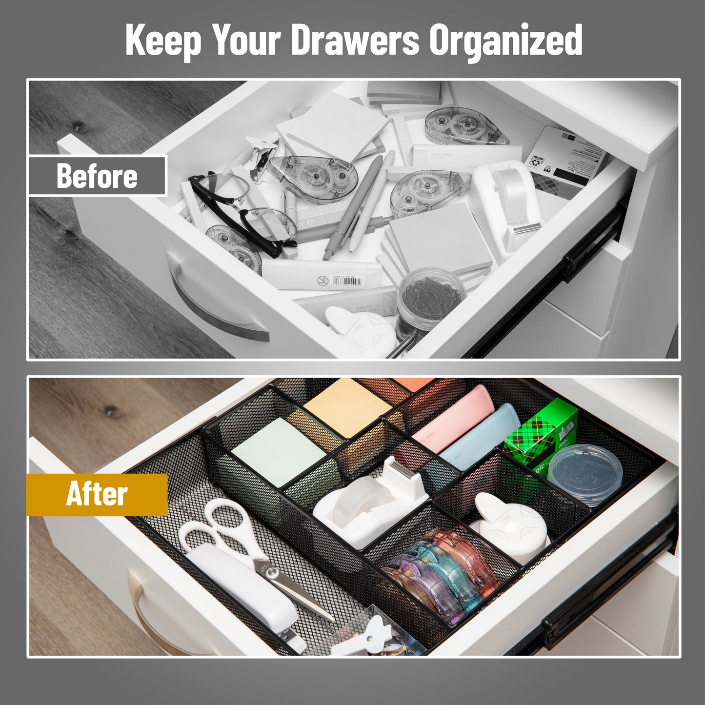 Mind Reader Expandable Mesh Desk Drawer Organizer, Adjustable from 9.25" to 17.125", Office Supply Storage Tray, Makeup Organizer, Black