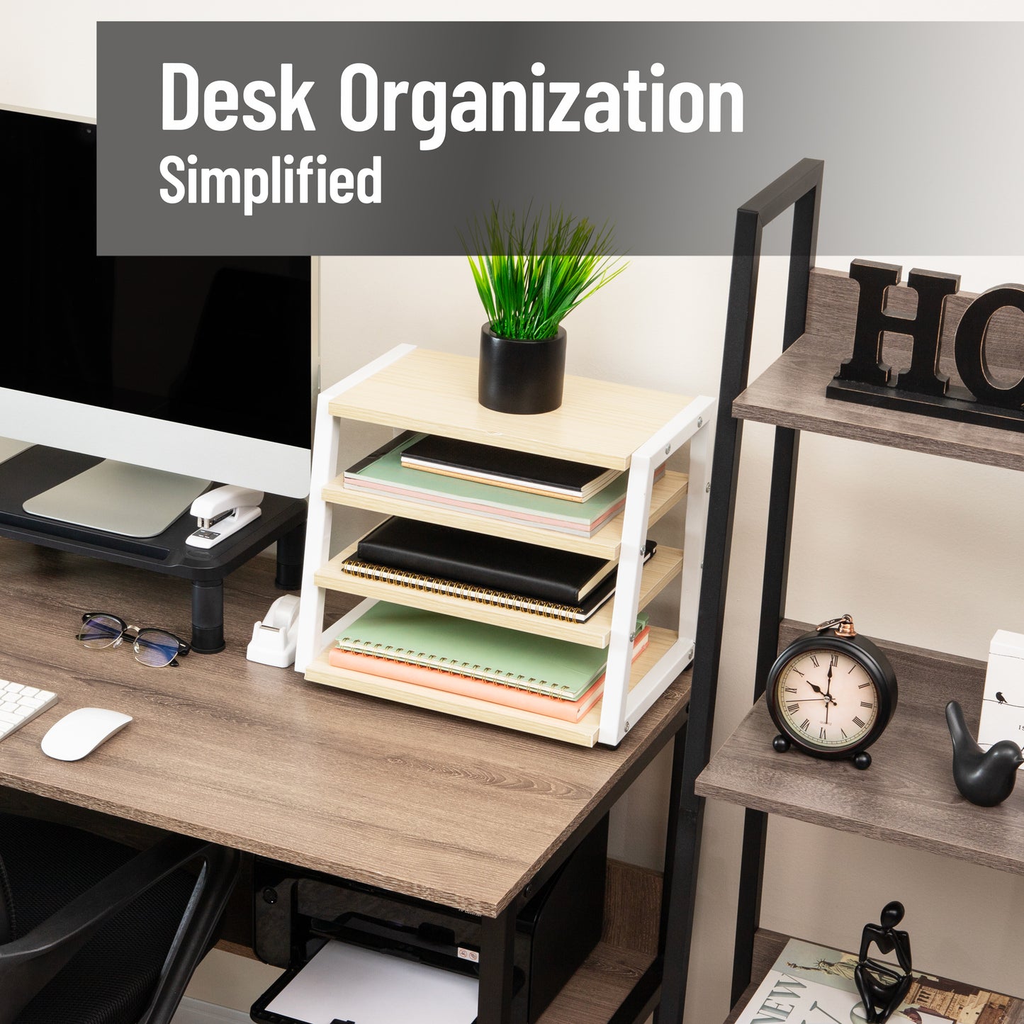 Mind Reader 4-Tier Desk Organizer, File Storage, Documents, Office, Metal, MDF, 14.5"L x 10.5"W x 12"H, White