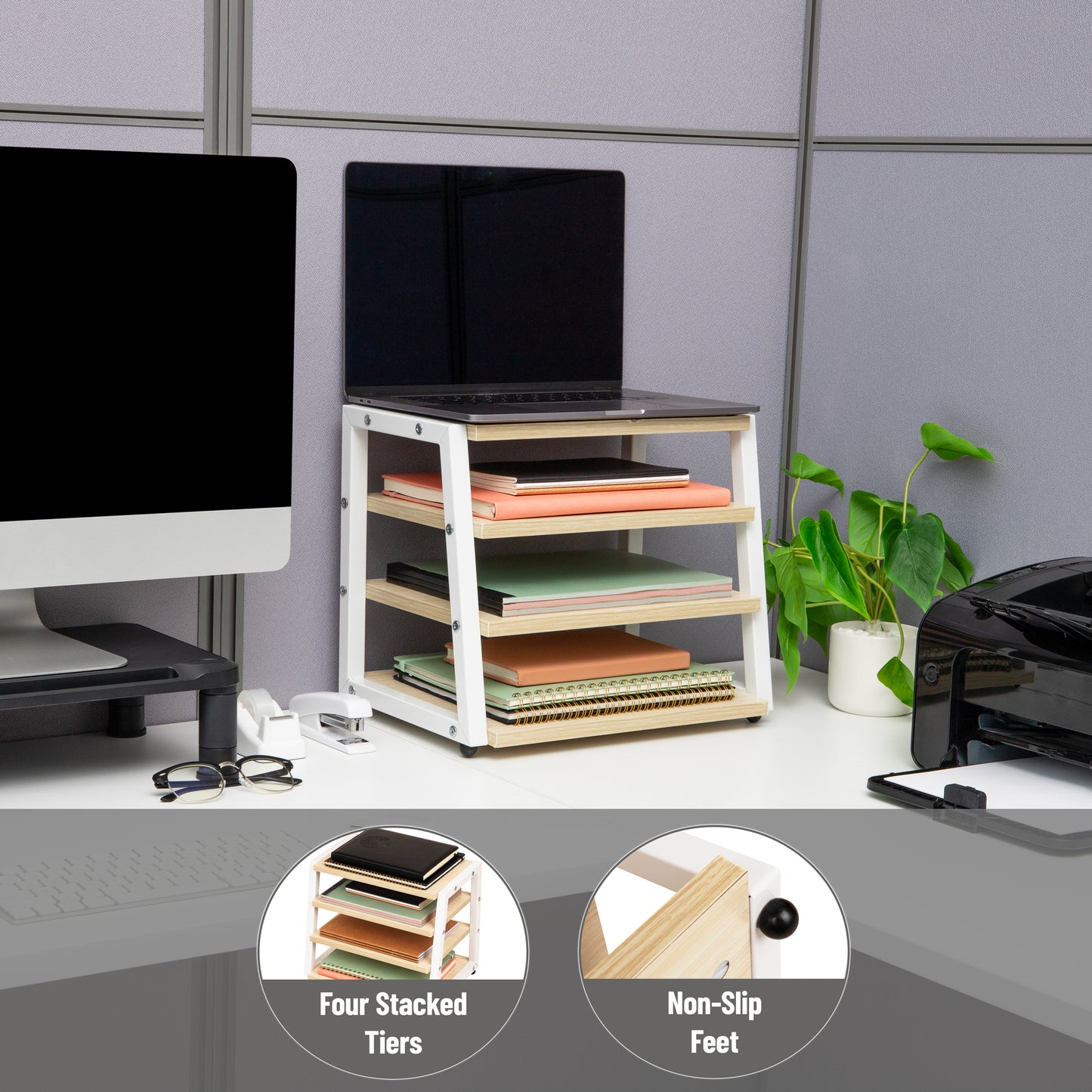 Mind Reader 4-Tier Desk Organizer, File Storage, Documents, Office, Metal, MDF, 14.5"L x 10.5"W x 12"H, White