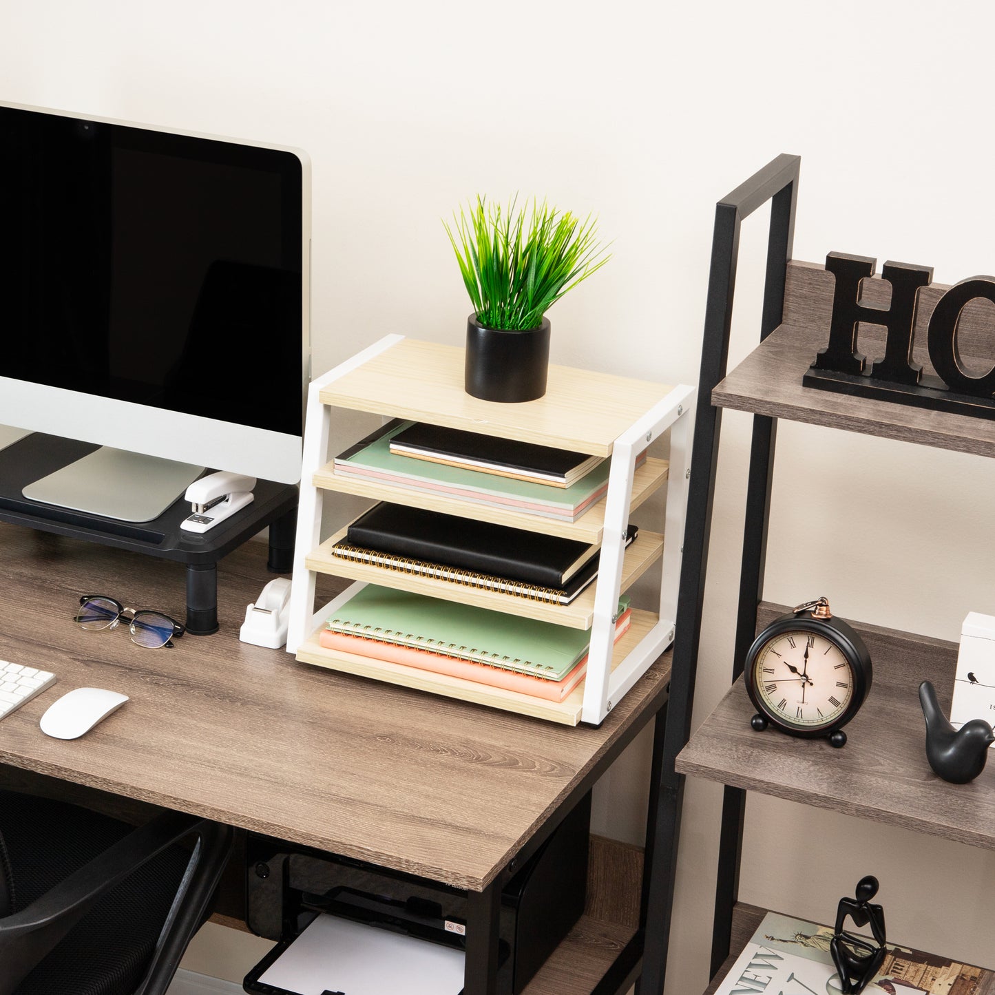 Mind Reader 4-Tier Desk Organizer, File Storage, Documents, Office, Metal, MDF, 14.5"L x 10.5"W x 12"H, White