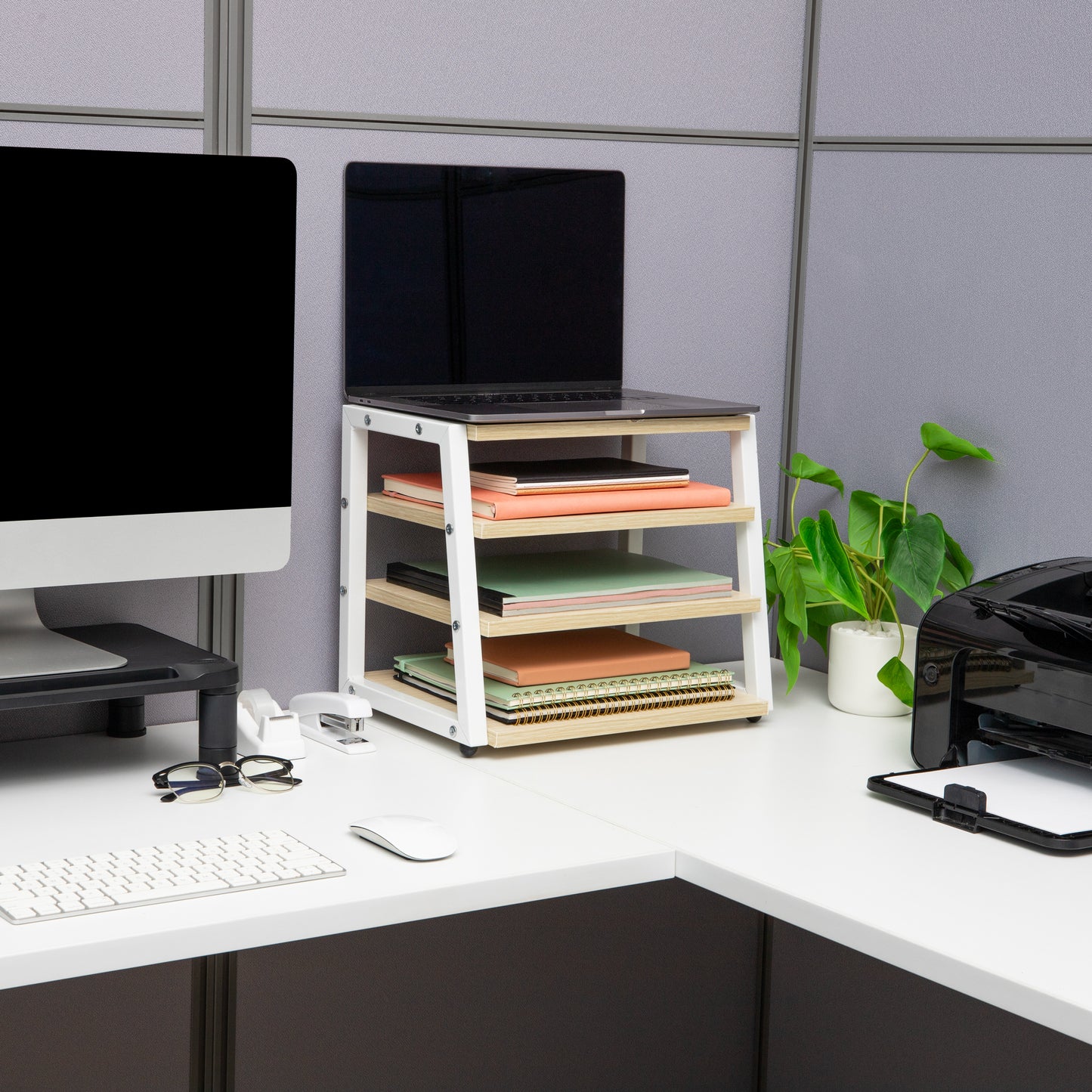 Mind Reader 4-Tier Desk Organizer, File Storage, Documents, Office, Metal, MDF, 14.5"L x 10.5"W x 12"H, White