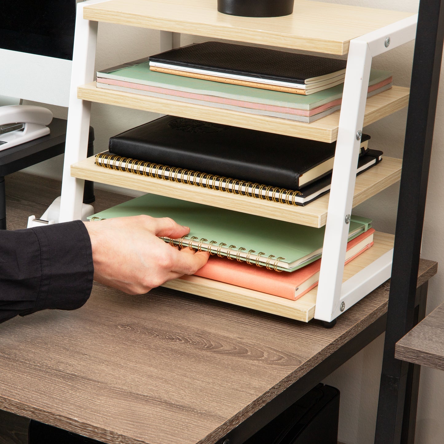 Mind Reader 4-Tier Desk Organizer, File Storage, Documents, Office, Metal, MDF, 14.5"L x 10.5"W x 12"H, White