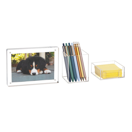 Mind Reader 3-Piece Desk Organizer Set, Pen Holder, Photo Frame and Sticky Note Tray, Desktop Organization, Office, Acrylic, Clear