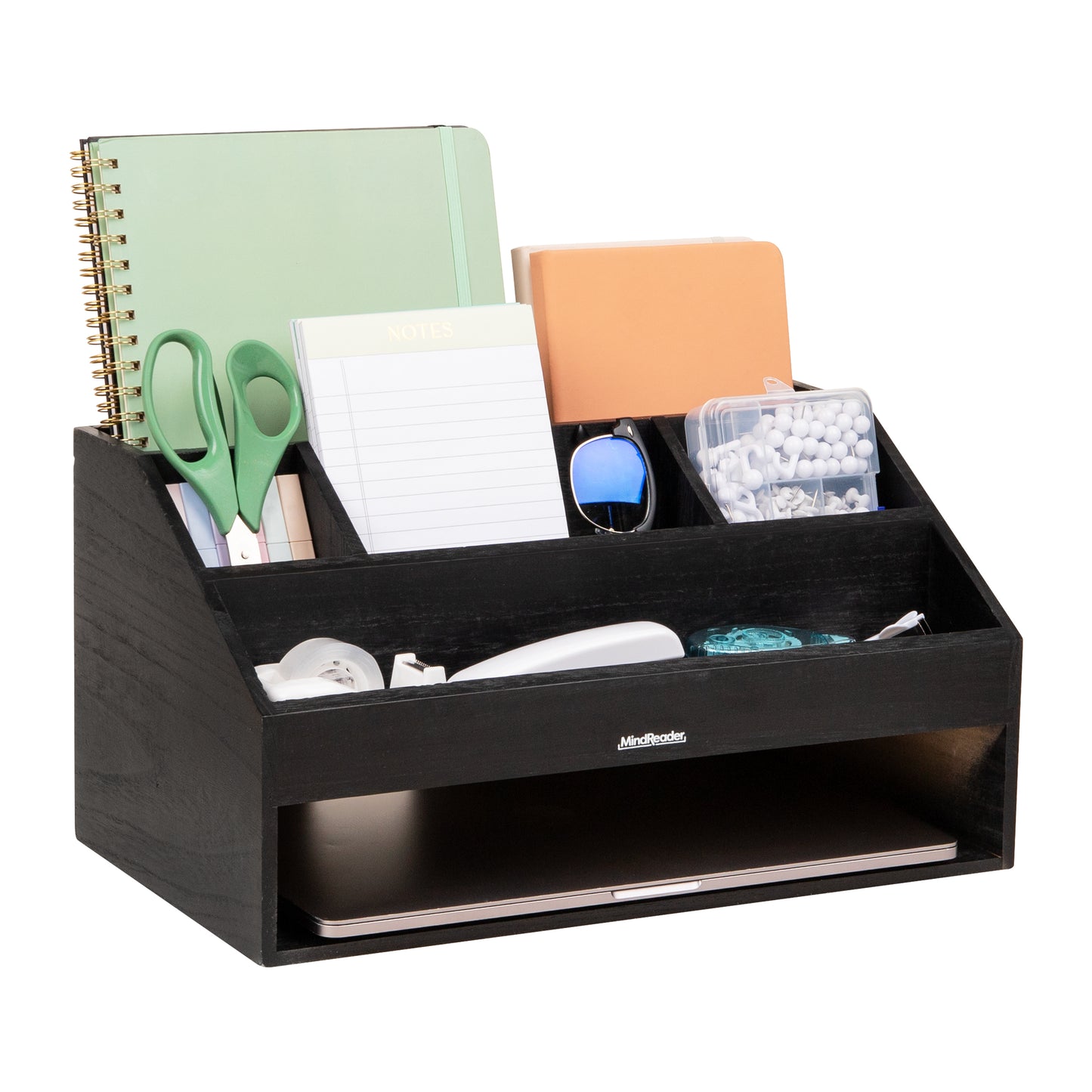 Mind Reader Desk Organizer, File Storage, Accessory Holder, Cord Management, Office, Wood, 16.25"L x 9.5"W x 8.5"H, Black