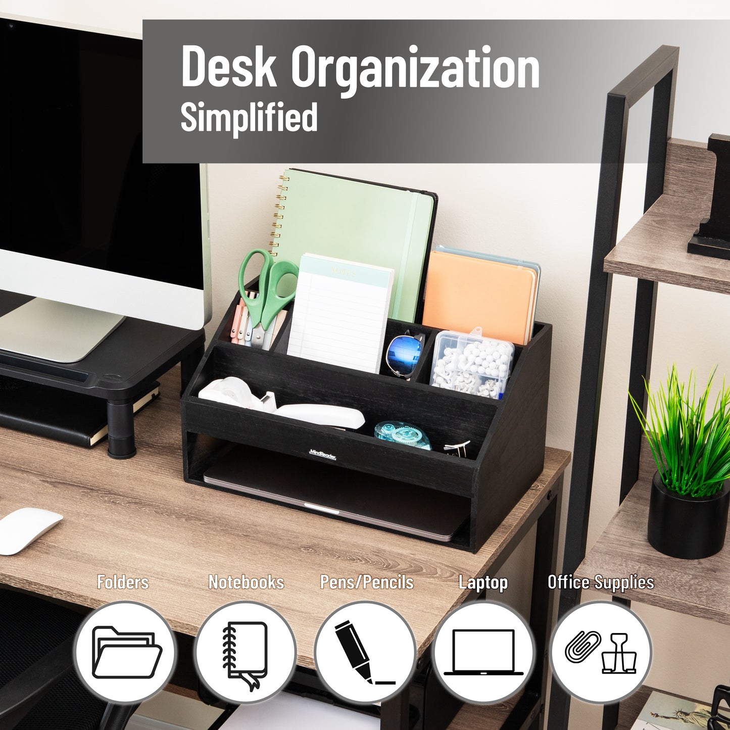 Mind Reader Desk Organizer, File Storage, Accessory Holder, Cord Management, Office, Wood, 16.25"L x 9.5"W x 8.5"H, Black