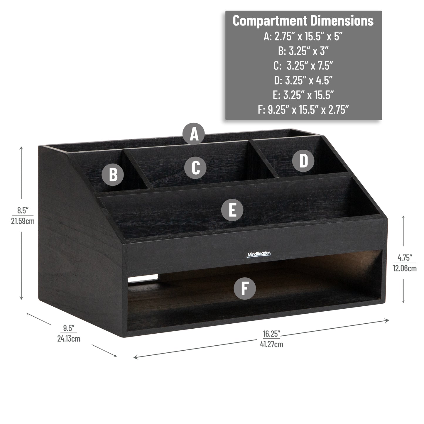 Mind Reader Desk Organizer, File Storage, Accessory Holder, Cord Management, Office, Wood, 16.25"L x 9.5"W x 8.5"H, Black