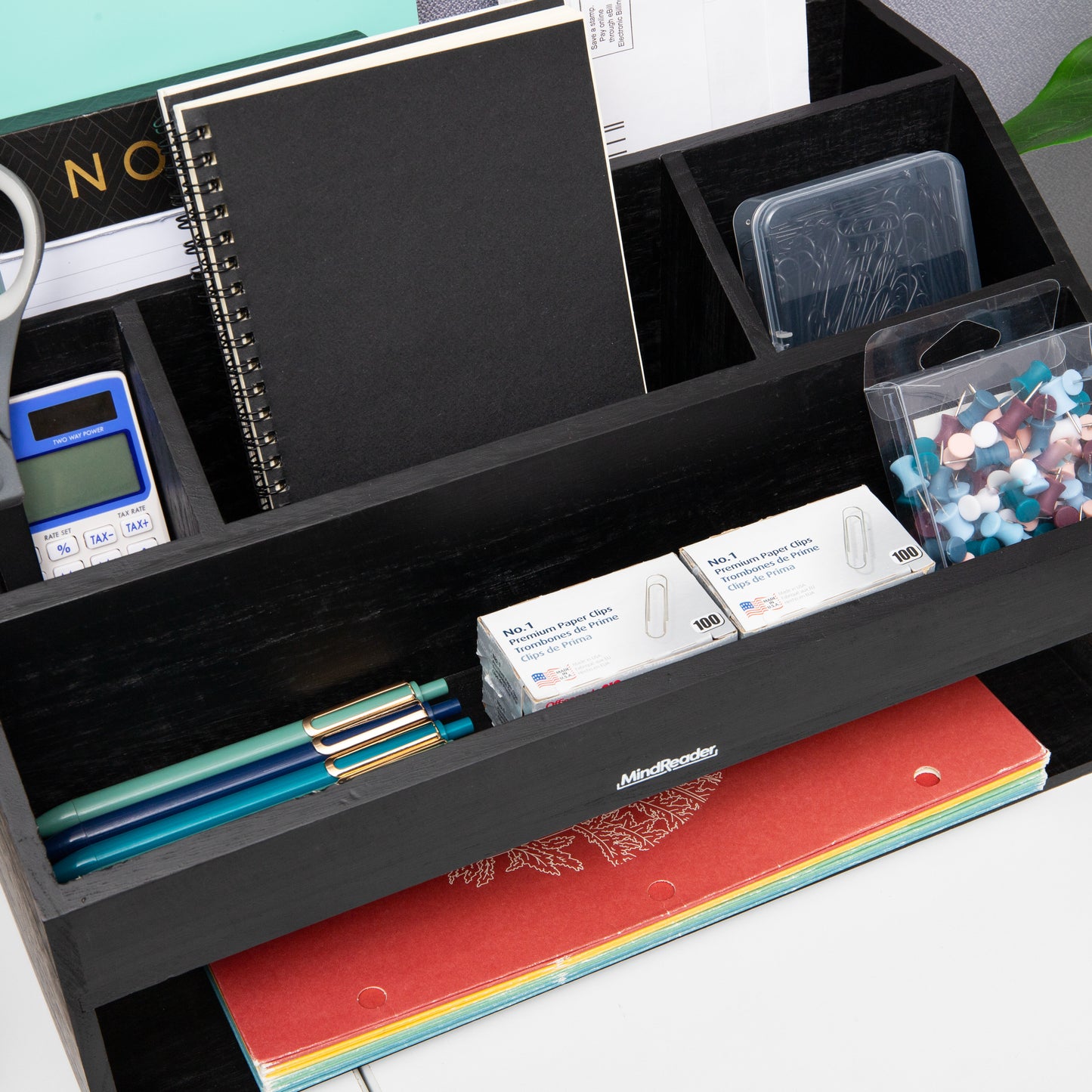 Mind Reader Desk Organizer, File Storage, Accessory Holder, Cord Management, Office, Wood, 16.25"L x 9.5"W x 8.5"H, Black