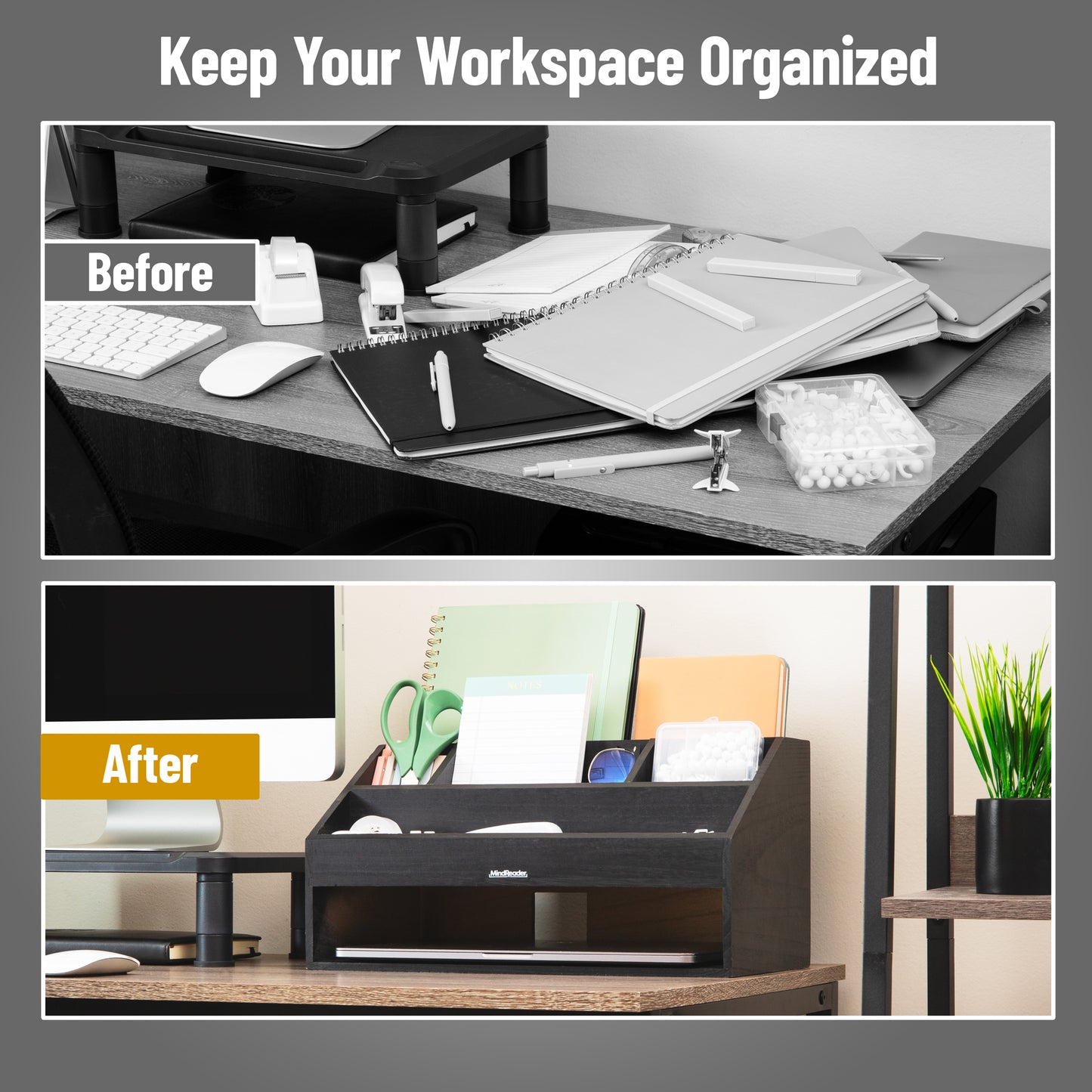 Mind Reader Desk Organizer, File Storage, Accessory Holder, Cord Management, Office, Wood, 16.25"L x 9.5"W x 8.5"H, Black