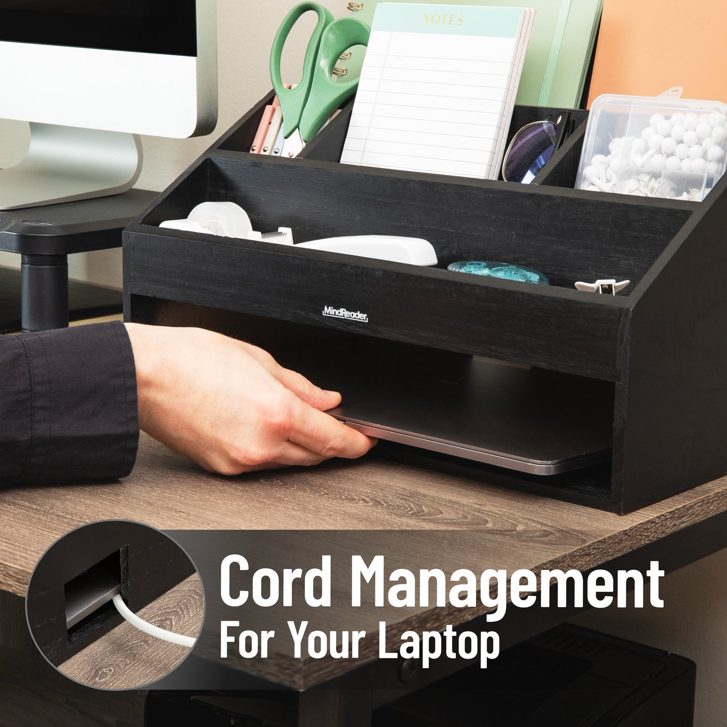 Mind Reader Desk Organizer, File Storage, Accessory Holder, Cord Management, Office, Wood, 16.25"L x 9.5"W x 8.5"H, Black
