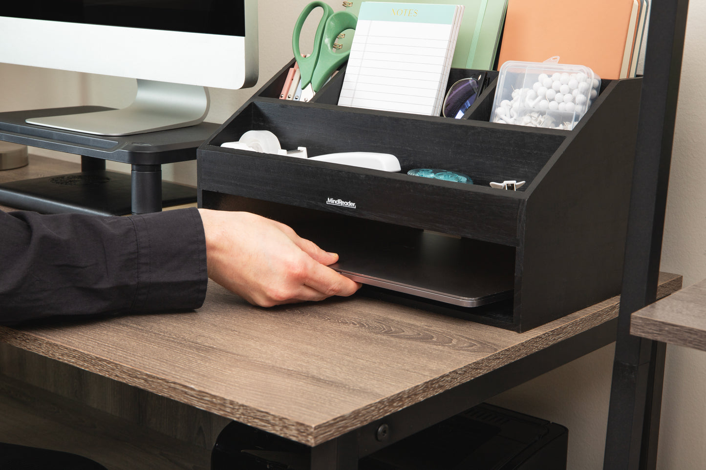 Mind Reader Desk Organizer, File Storage, Accessory Holder, Cord Management, Office, Wood, 16.25"L x 9.5"W x 8.5"H, Black