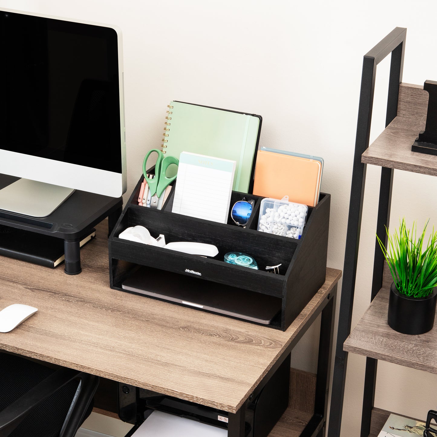 Mind Reader Desk Organizer, File Storage, Accessory Holder, Cord Management, Office, Wood, 16.25"L x 9.5"W x 8.5"H, Black