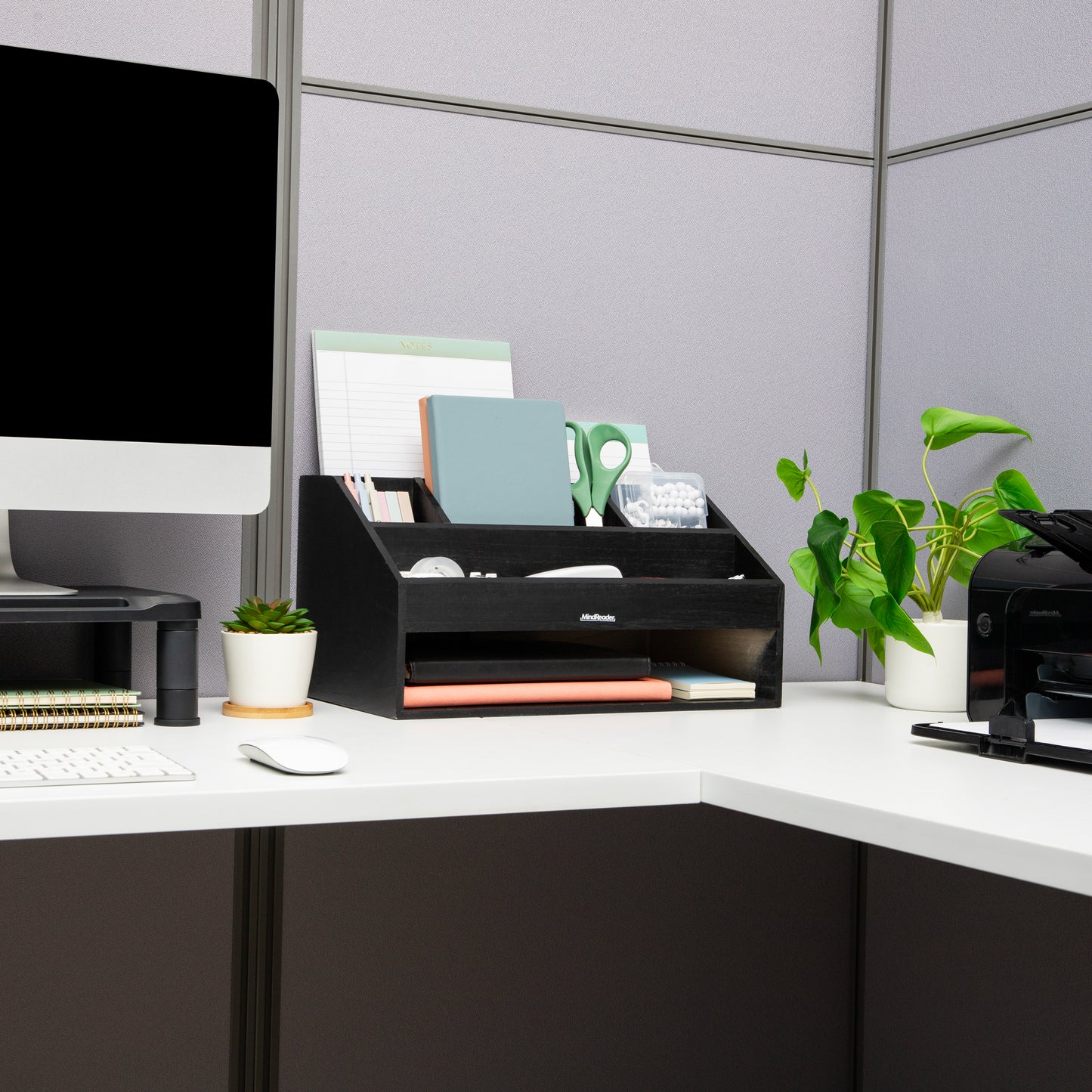Mind Reader Desk Organizer, File Storage, Accessory Holder, Cord Management, Office, Wood, 16.25"L x 9.5"W x 8.5"H, Black