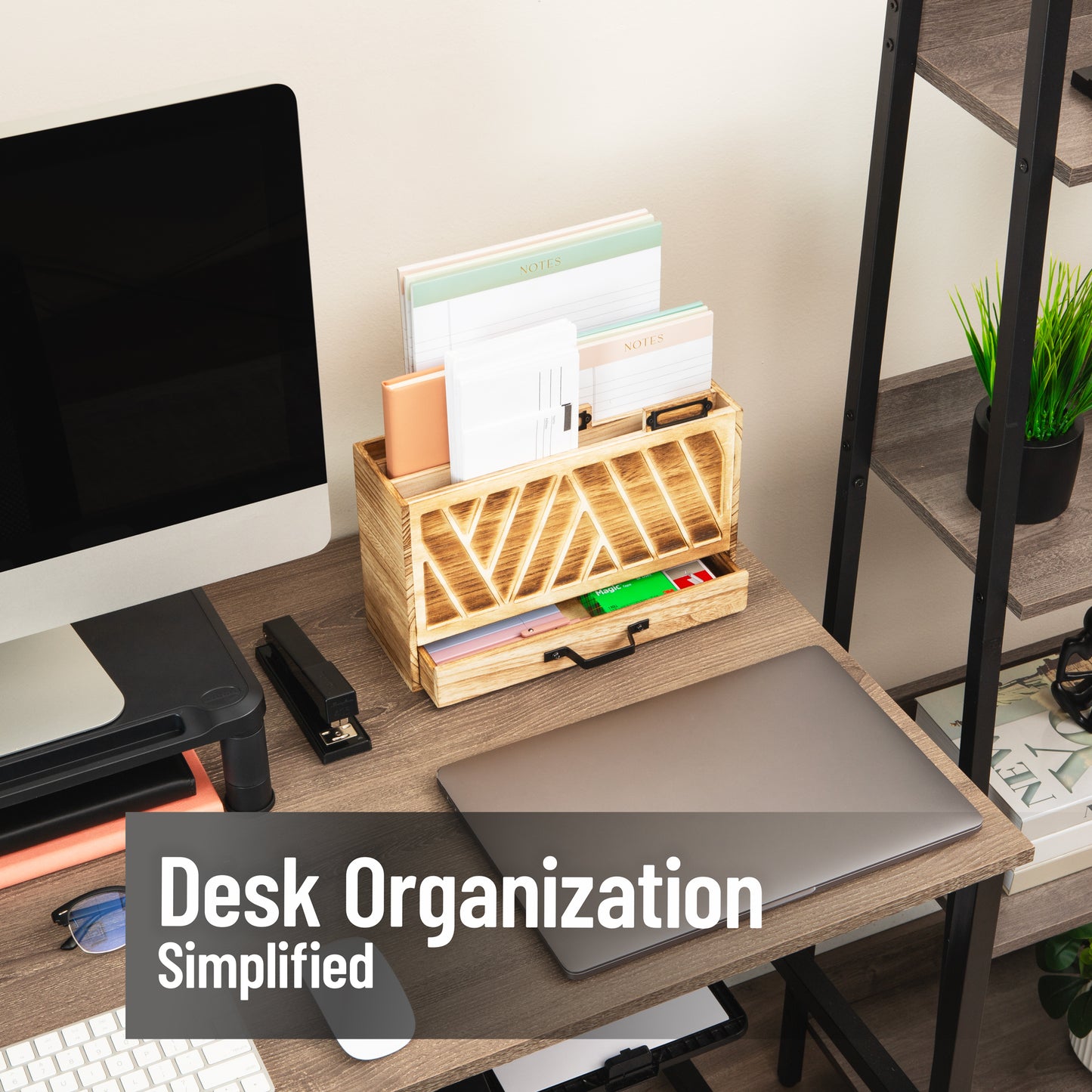 Mind Reader Natural Wood Desktop Mail Organizer with Drawer, 3-Tier Letter Holder with Label Slots, Office Desk Paper Sorter, Brown