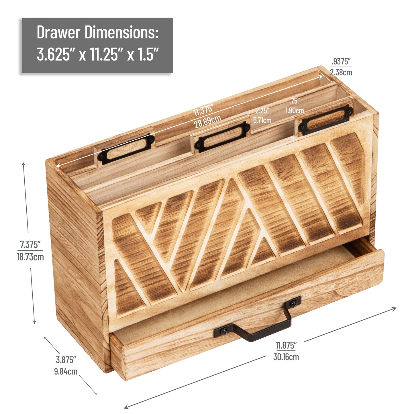 Mind Reader Natural Wood Desktop Mail Organizer with Drawer, 3-Tier Letter Holder with Label Slots, Office Desk Paper Sorter, Brown