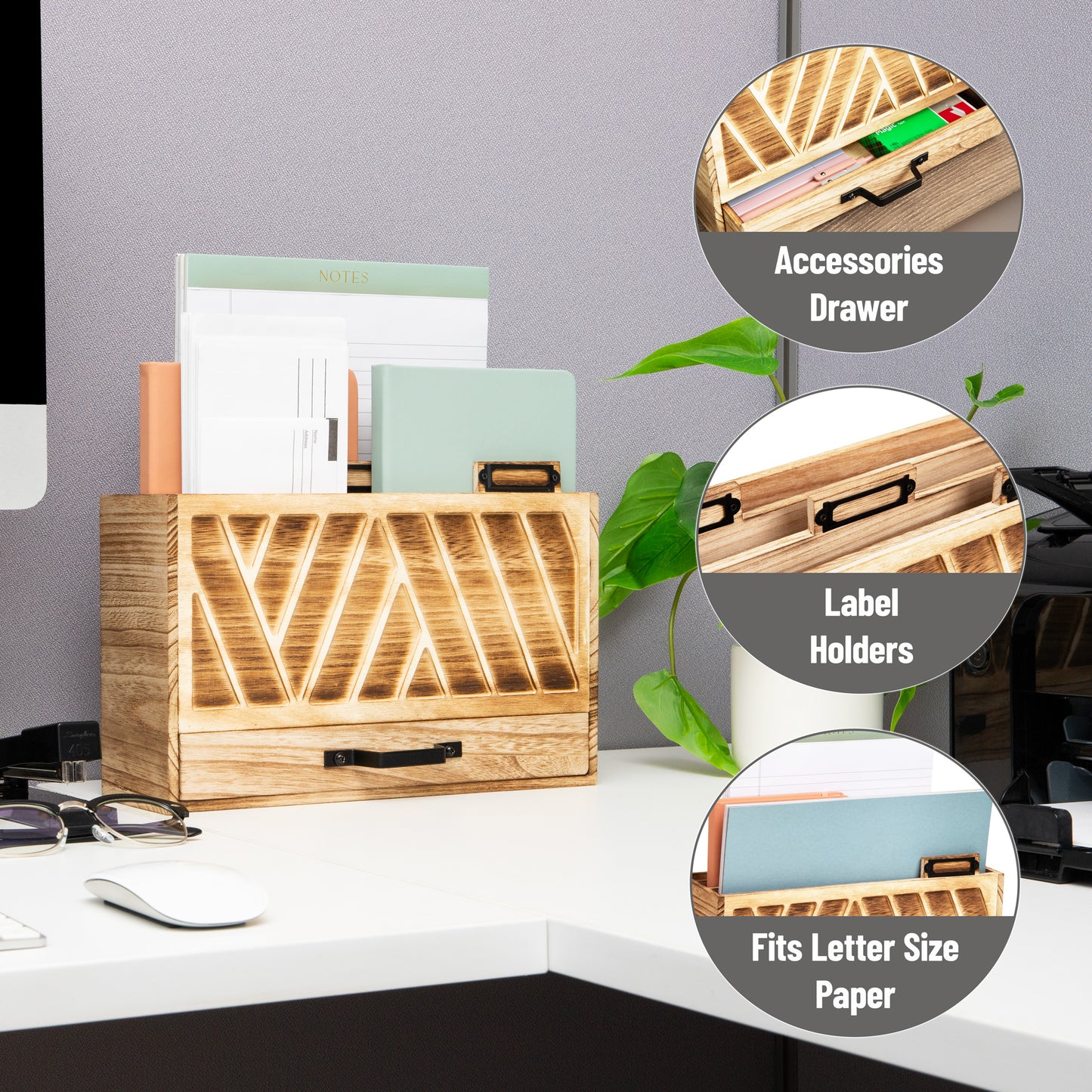 Mind Reader Natural Wood Desktop Mail Organizer with Drawer, 3-Tier Letter Holder with Label Slots, Office Desk Paper Sorter, Brown