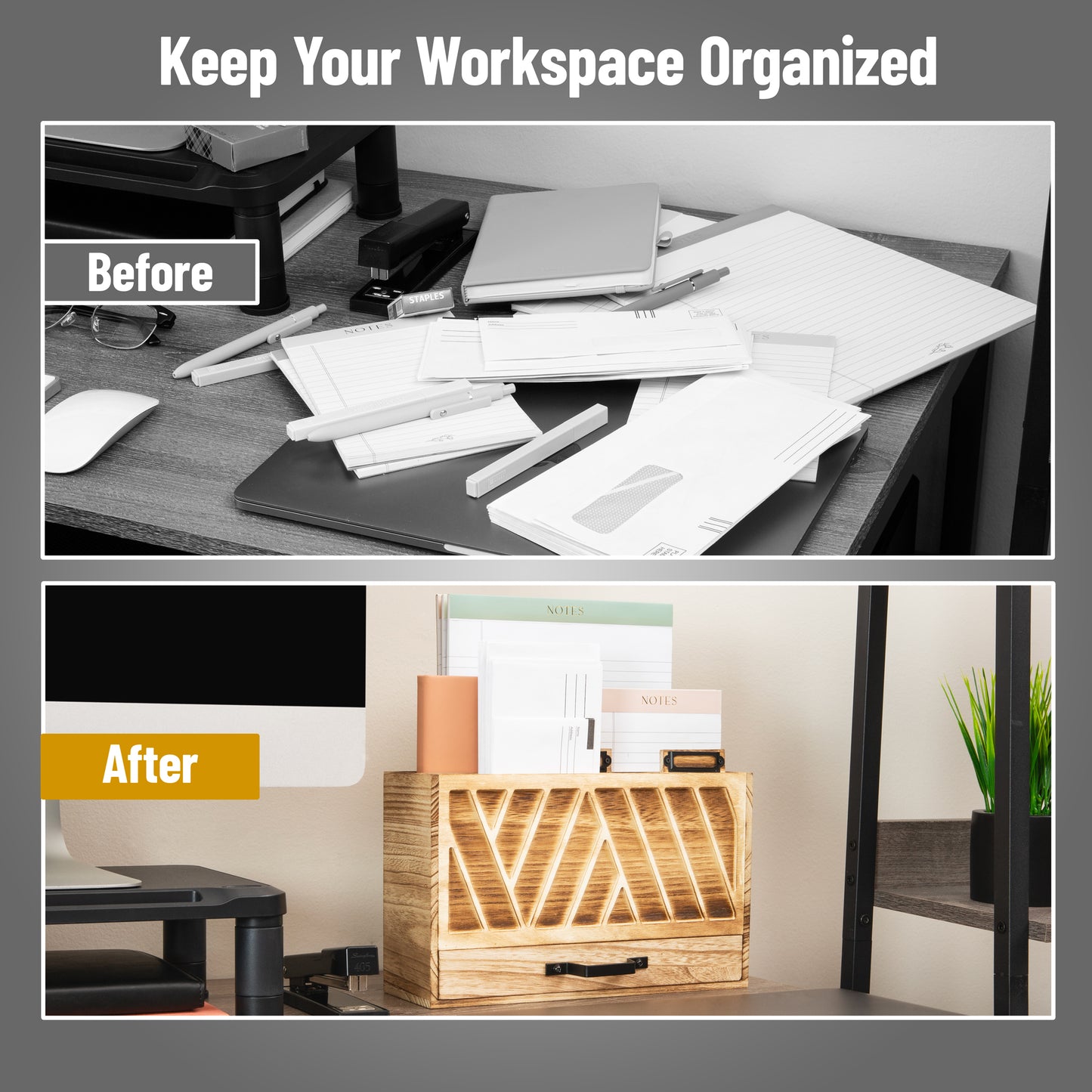 Mind Reader Natural Wood Desktop Mail Organizer with Drawer, 3-Tier Letter Holder with Label Slots, Office Desk Paper Sorter, Brown