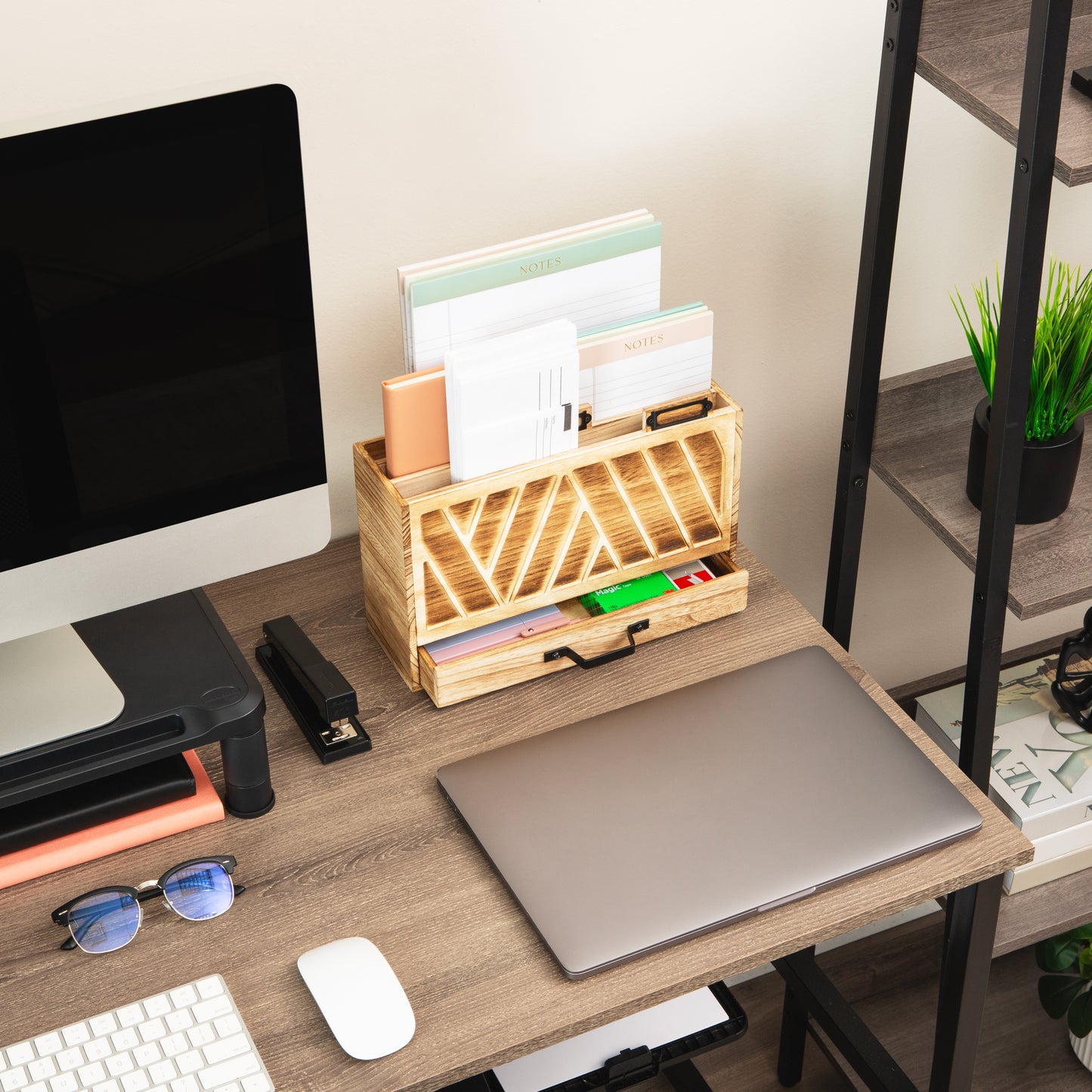 Mind Reader Natural Wood Desktop Mail Organizer with Drawer, 3-Tier Letter Holder with Label Slots, Office Desk Paper Sorter, Brown