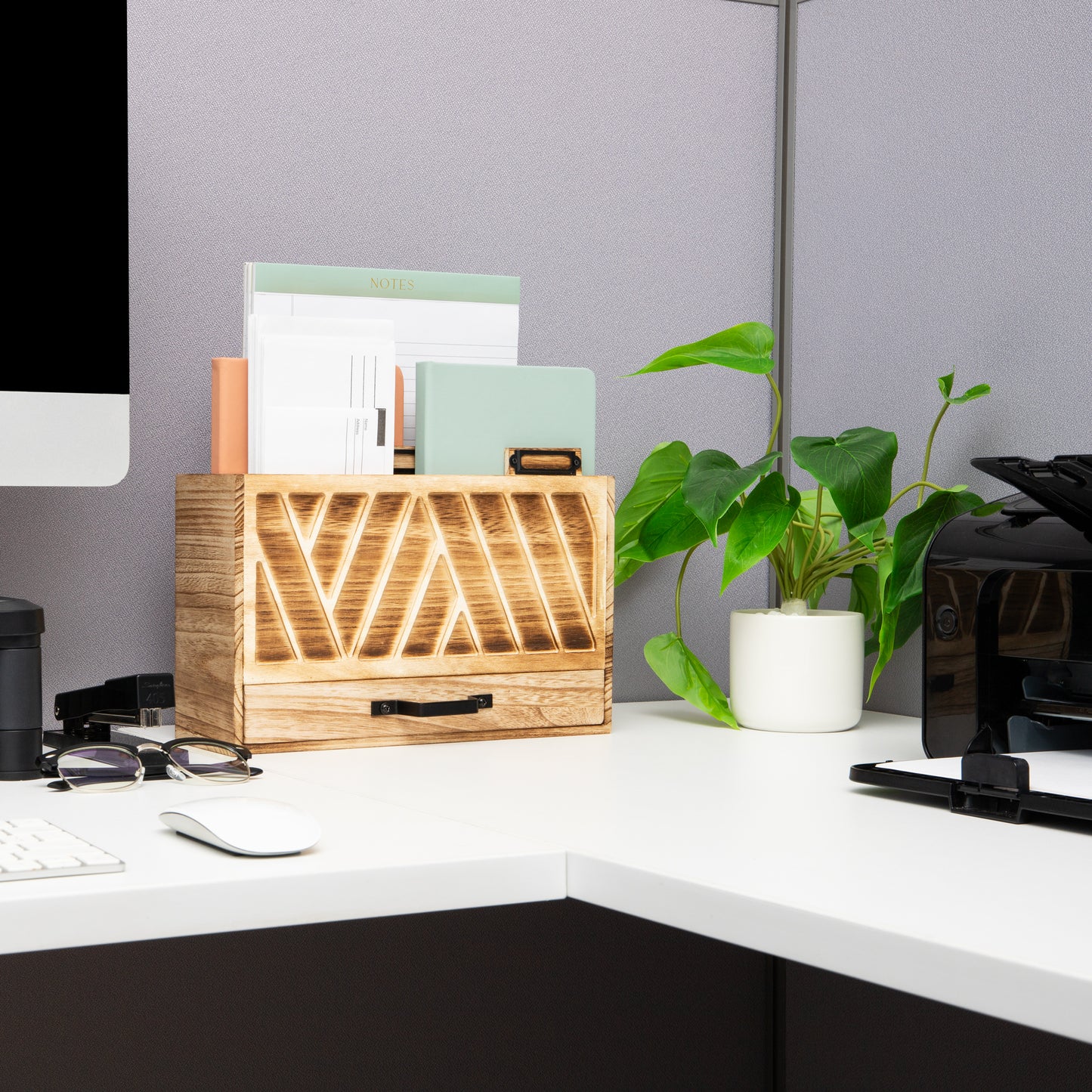 Mind Reader Natural Wood Desktop Mail Organizer with Drawer, 3-Tier Letter Holder with Label Slots, Office Desk Paper Sorter, Brown