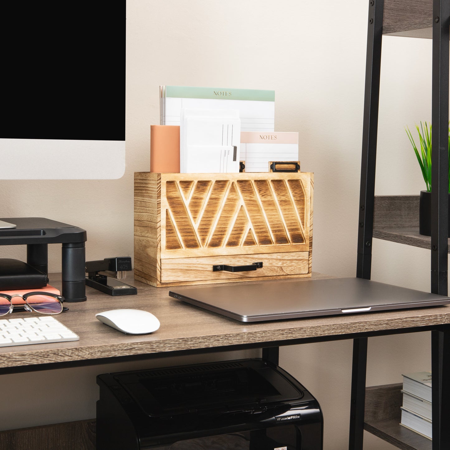 Mind Reader Natural Wood Desktop Mail Organizer with Drawer, 3-Tier Letter Holder with Label Slots, Office Desk Paper Sorter, Brown