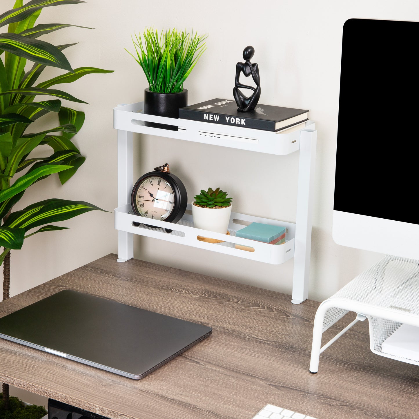 Mind Reader 2-Tier Desk Organizer with Clamp, Accessory Shelf for Office or Gaming, Office, Metal, White