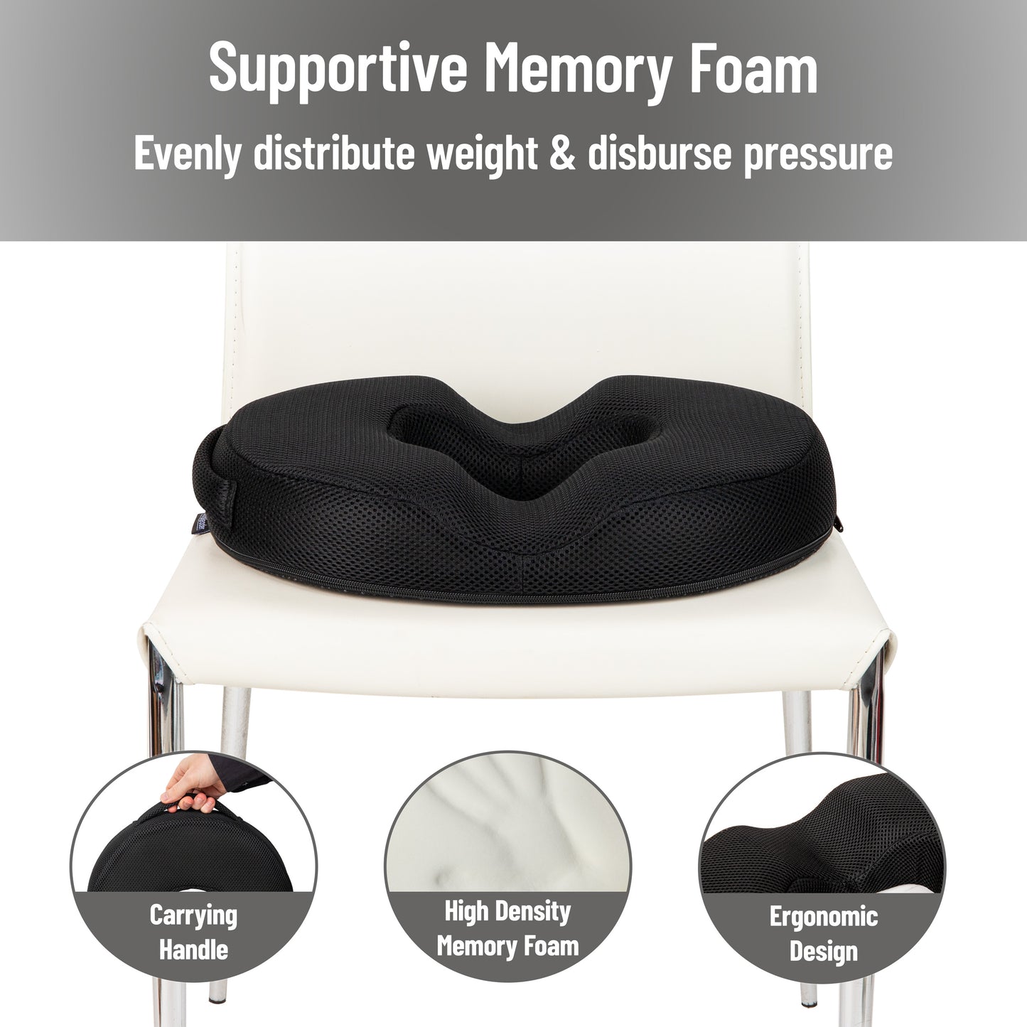 Mind Reader Donut Pillow Seat Cushion with Air-Cloud Technology, Tailbone, Hemorrhoid, Pregnancy Relief, Black