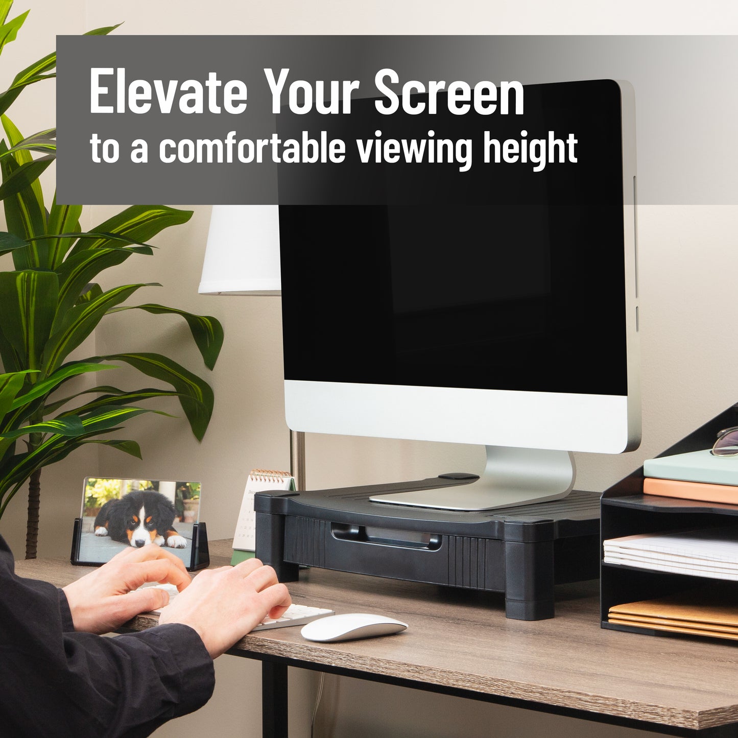 Mind Reader Monitor Stand, Storage Drawer, Desktop Organizer, Laptop Riser, Office, 17.25"L x 13.25"W x 4"H, Black