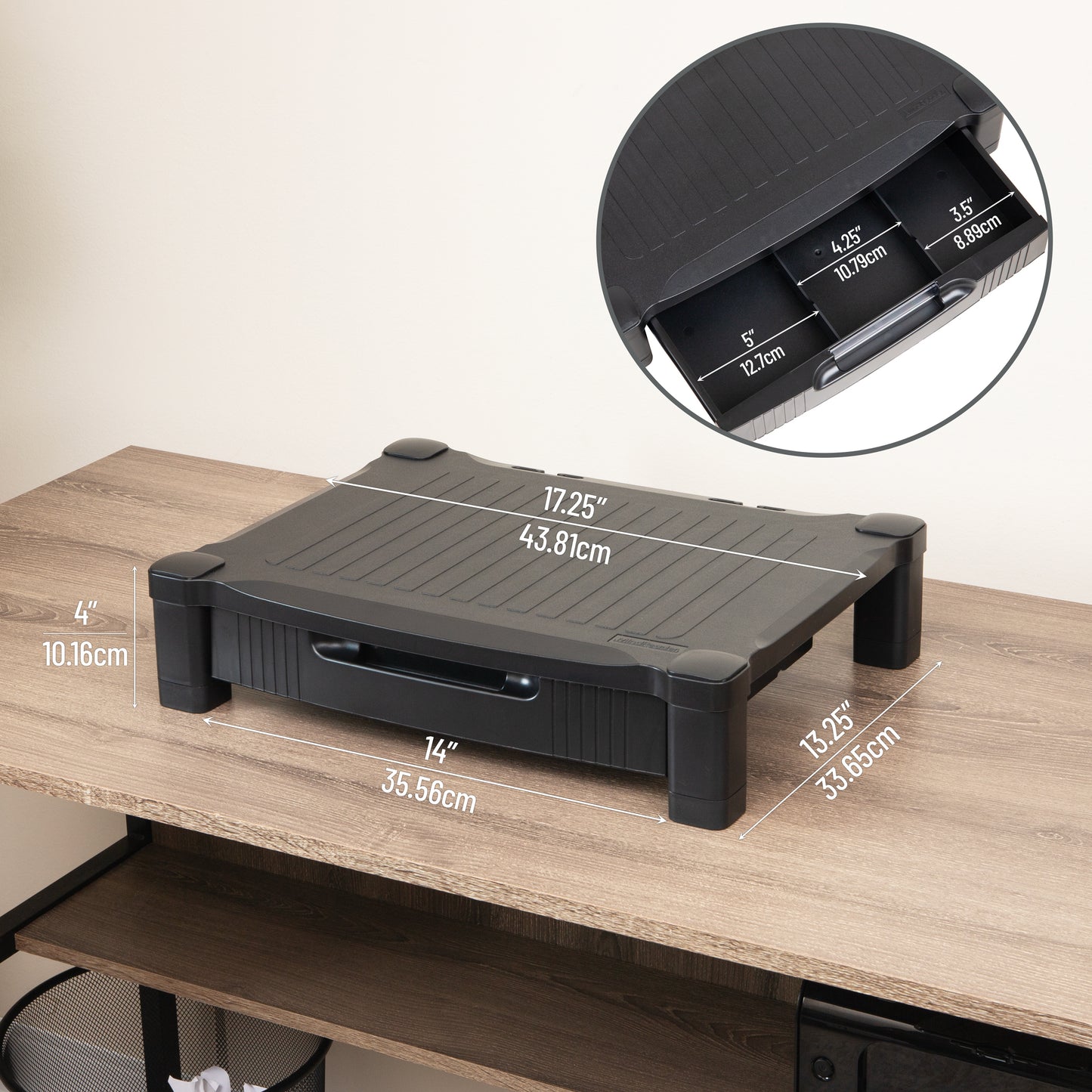Mind Reader Monitor Stand, Storage Drawer, Desktop Organizer, Laptop Riser, Office, 17.25"L x 13.25"W x 4"H, Black