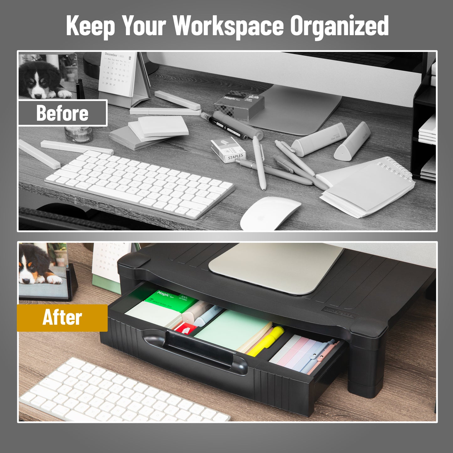 Mind Reader Monitor Stand, Storage Drawer, Desktop Organizer, Laptop Riser, Office, 17.25"L x 13.25"W x 4"H, Black