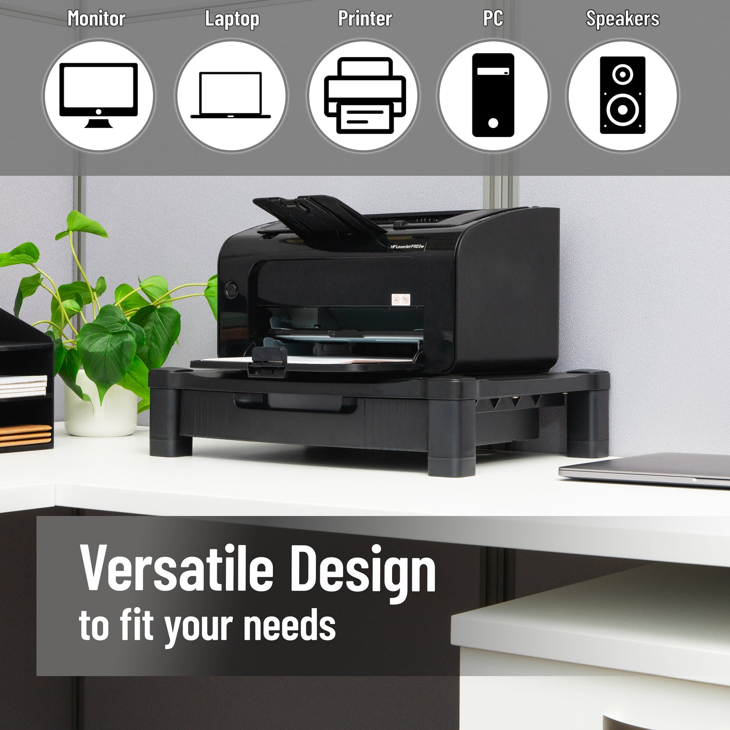 Mind Reader Monitor Stand, Storage Drawer, Desktop Organizer, Laptop Riser, Office, 17.25"L x 13.25"W x 4"H, Black