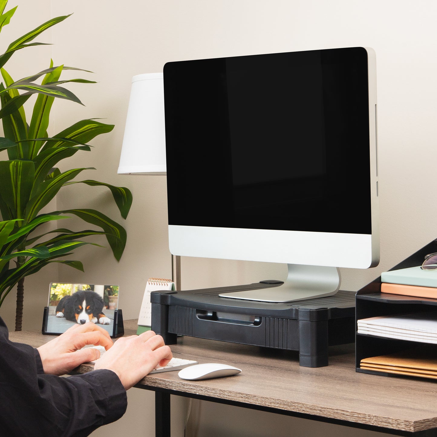 Mind Reader Monitor Stand, Storage Drawer, Desktop Organizer, Laptop Riser, Office, 17.25"L x 13.25"W x 4"H, Black