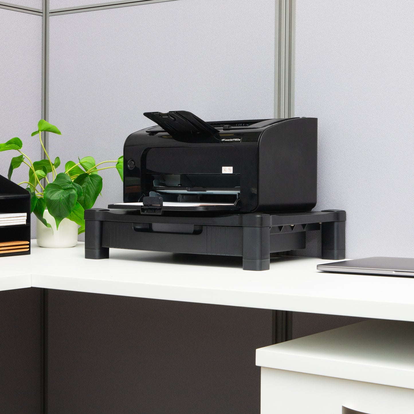 Mind Reader Monitor Stand, Storage Drawer, Desktop Organizer, Laptop Riser, Office, 17.25"L x 13.25"W x 4"H, Black