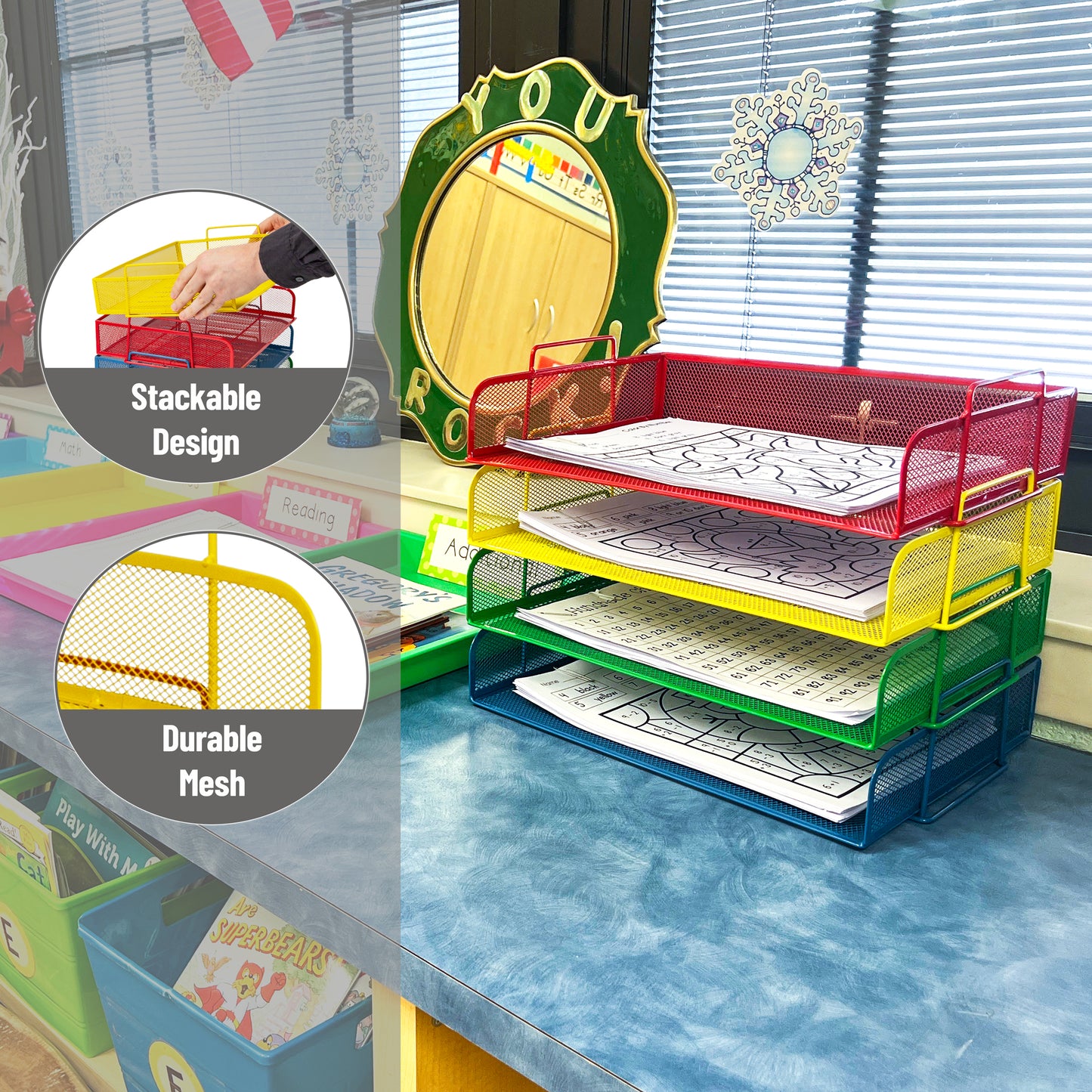 Mind Reader Stackable Paper Tray, Desktop Organizer, File Storage, Office, Metal Mesh, 13.25"L x 9.75"W x 11.25"H, 4 Pcs.