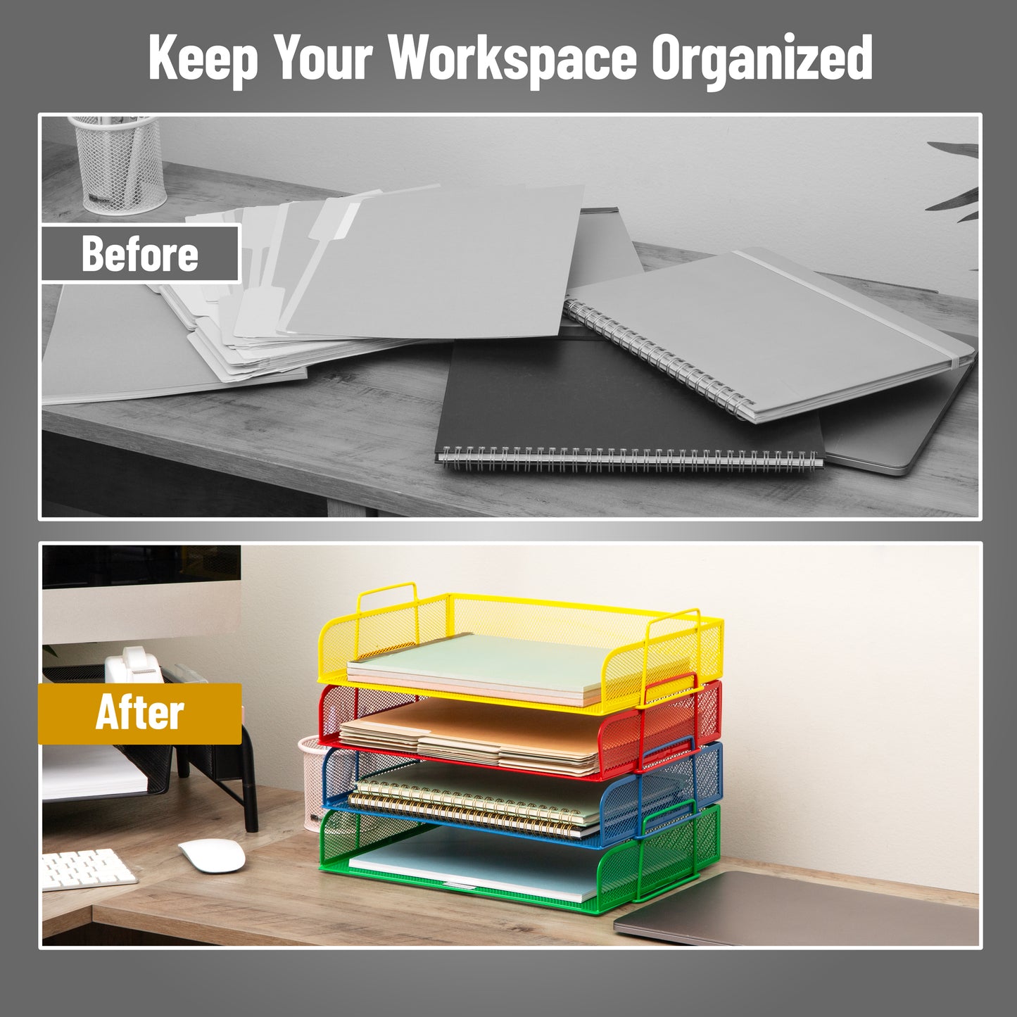 Mind Reader Stackable Paper Tray, Desktop Organizer, File Storage, Office, Metal Mesh, 13.25"L x 9.75"W x 11.25"H, 4 Pcs.