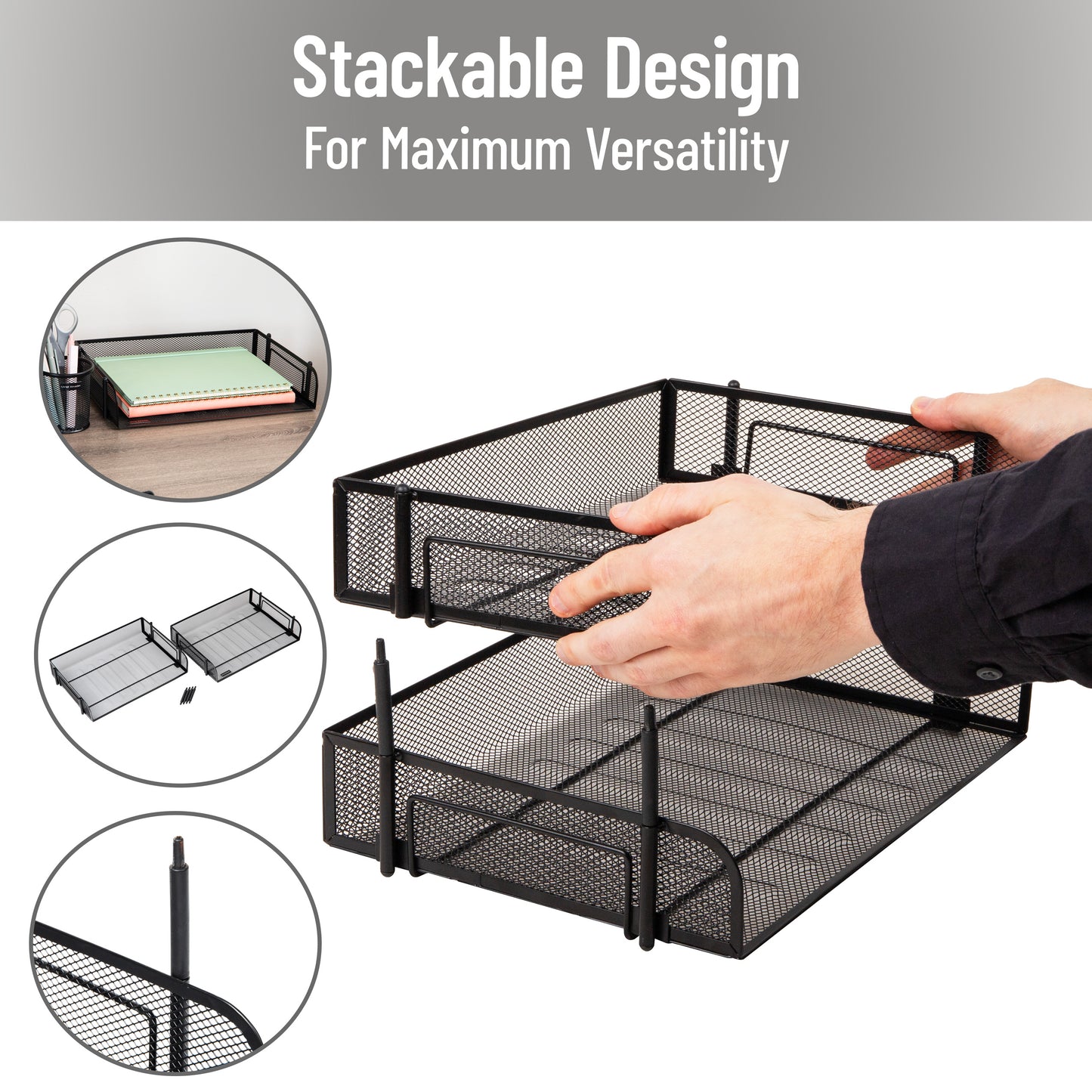 Mind Reader 2-Tier Stackable Paper Tray, Desktop Organizer for Letter-Size Documents, Office File Storage, Metal Mesh, Set of 2