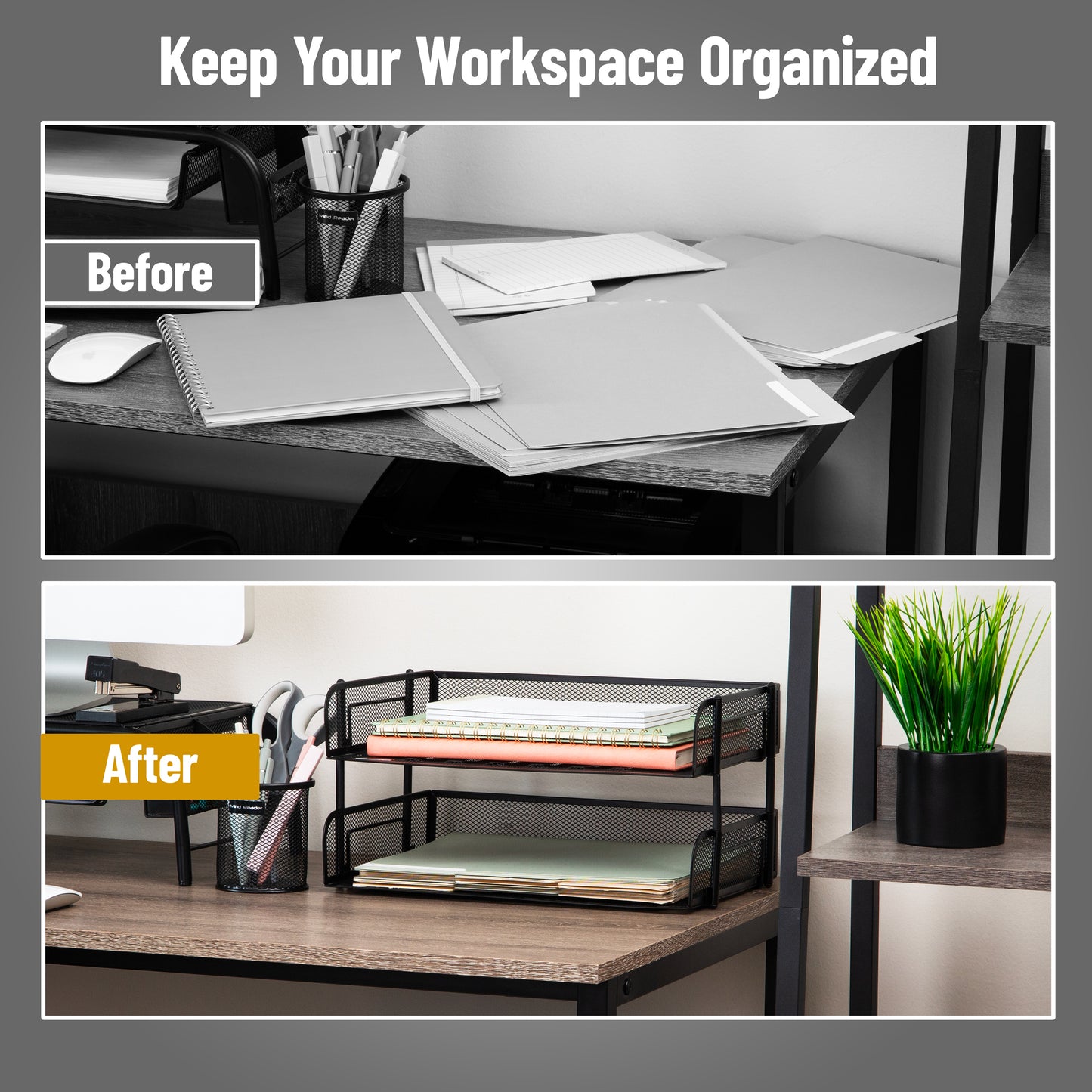 Mind Reader 2-Tier Stackable Paper Tray, Desktop Organizer for Letter-Size Documents, Office File Storage, Metal Mesh, Set of 2