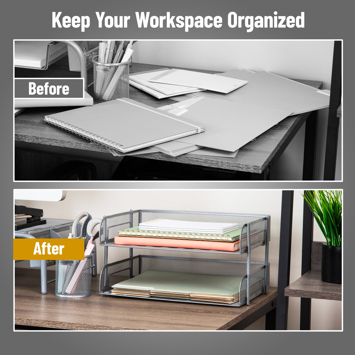 Mind Reader 2-Tier Stackable Paper Tray, Desktop Organizer for Letter-Size Documents, Office File Storage, Metal Mesh, Set of 2