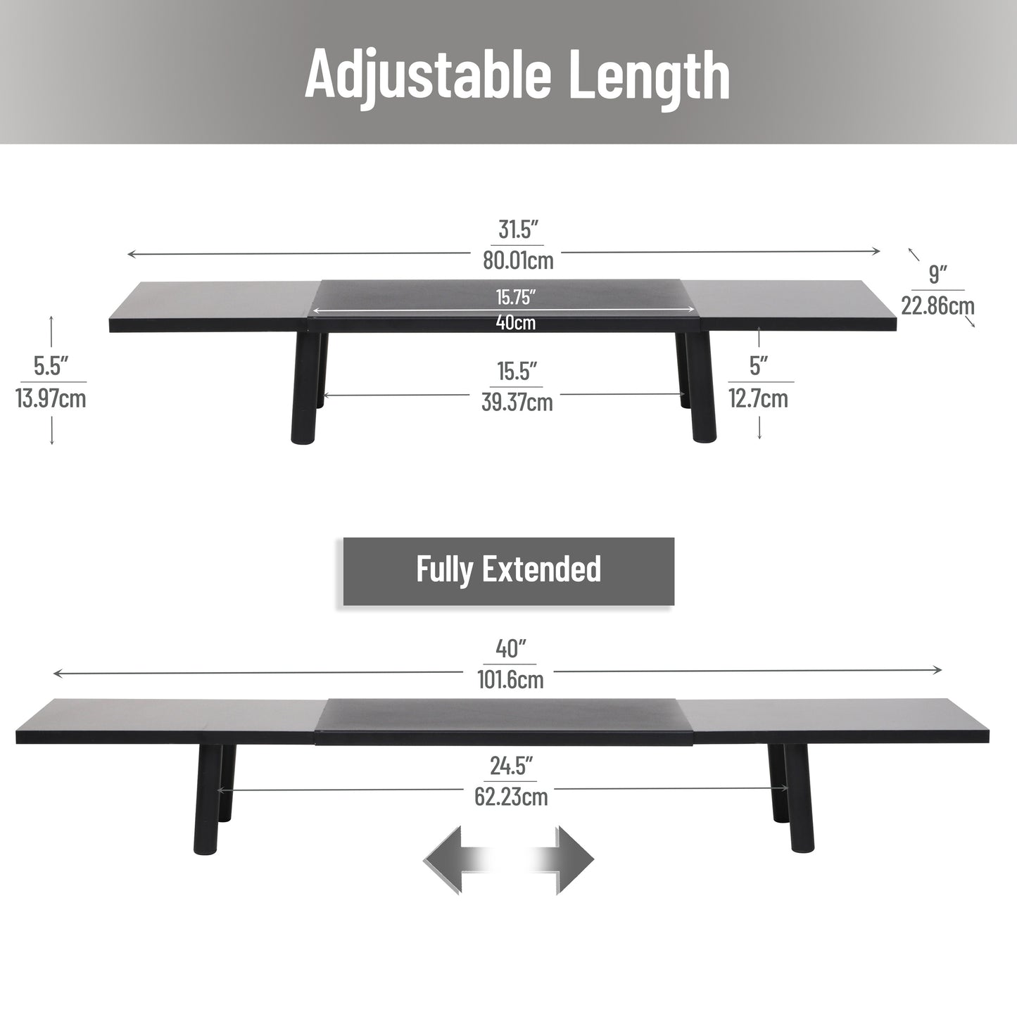 Mind Reader Extendable Monitor Stand, Adjustable Desktop Riser for Dual Monitors, Printers, Laptops, TV, 31.5–40 Inch Width, 88 lb Capacity, Metal and MDF Wood, Black