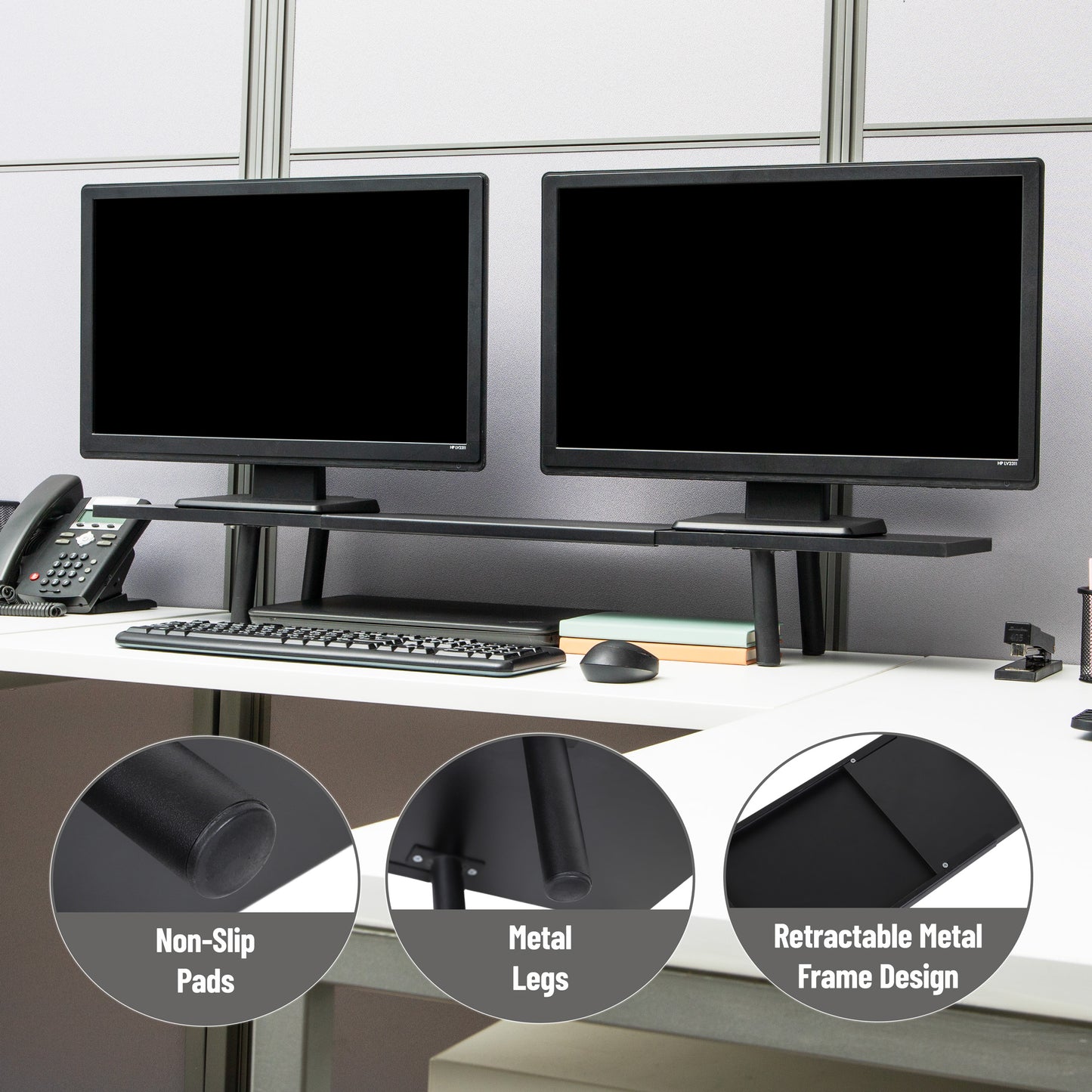 Mind Reader Extendable Monitor Stand, Adjustable Desktop Riser for Dual Monitors, Printers, Laptops, TV, 31.5–40 Inch Width, 88 lb Capacity, Metal and MDF Wood, Black