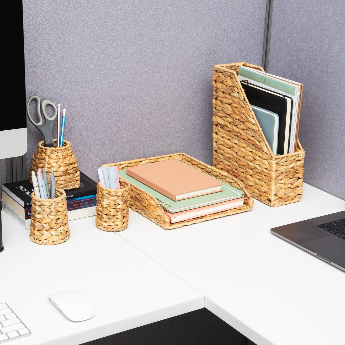 Mind Reader Rattan Paper Tray with Iron Frame, Desktop Organizer, Holds Letter Size Documents, Brown