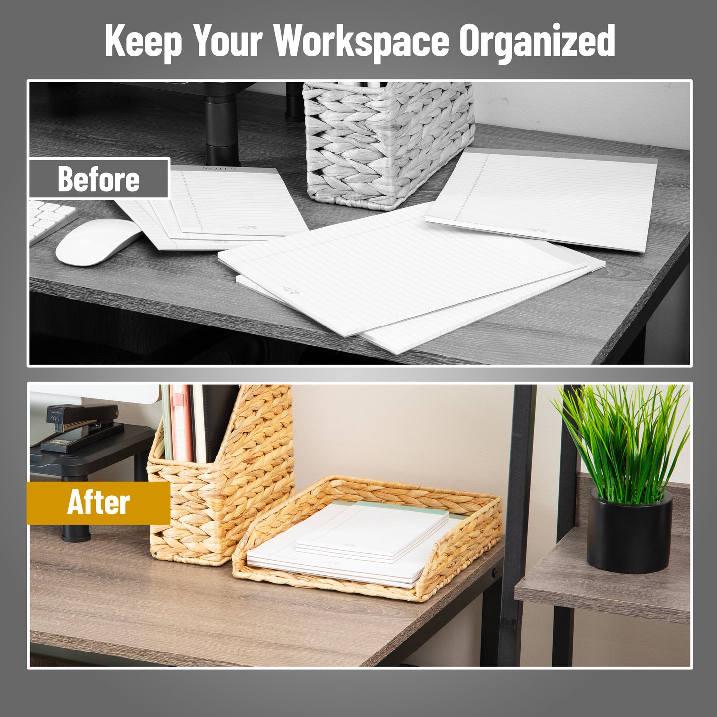 Mind Reader Rattan Paper Tray with Iron Frame, Desktop Organizer, Holds Letter Size Documents, Brown
