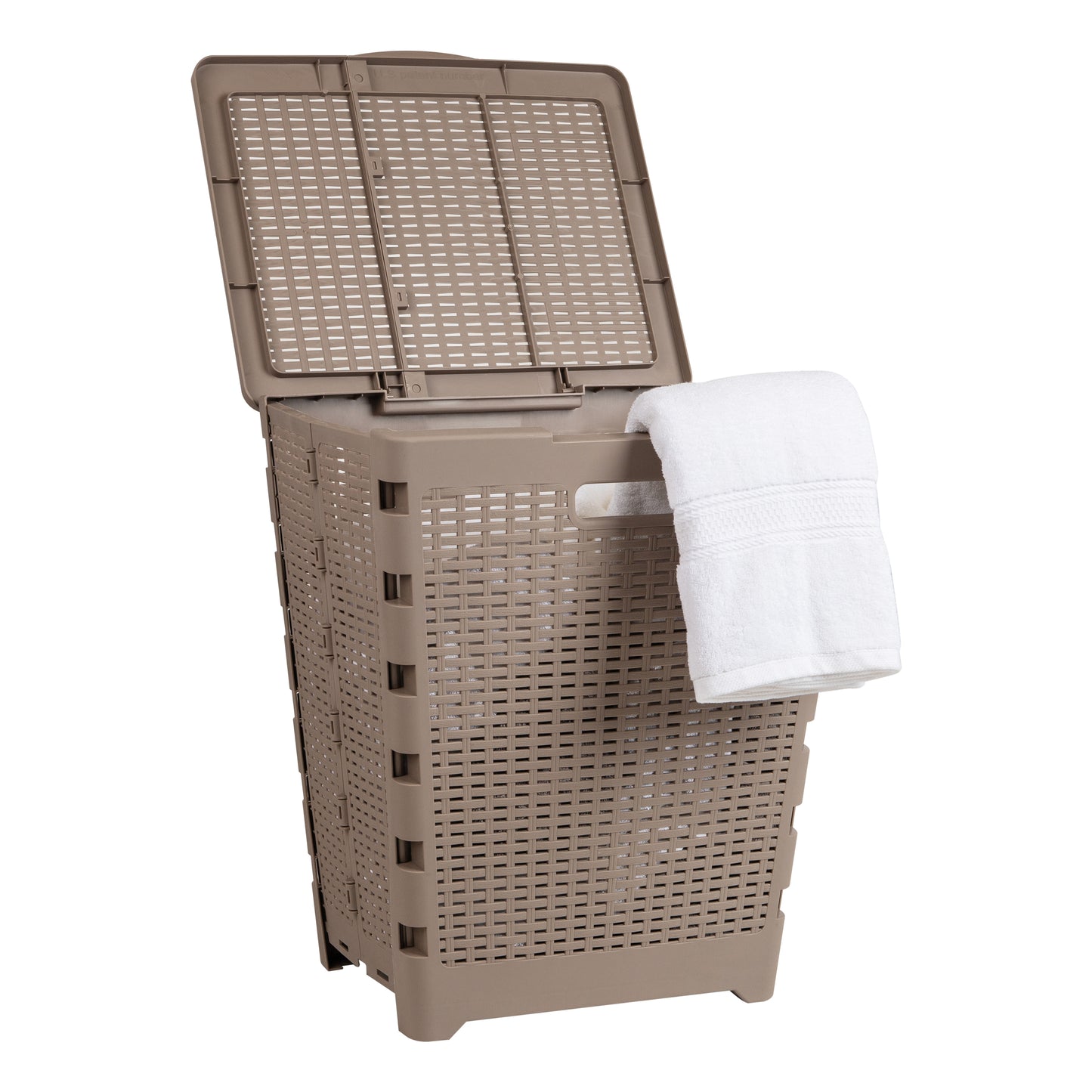 Mind Reader 61L Foldable Laundry Hamper, Clothes Basket, Lid, Wicker Design, Plastic, 18"L x 14.5"W x 21.25"H