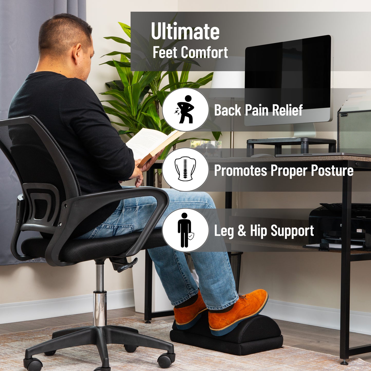Mind Reader Air-Cloud Memory Foam Under Desk Footrest, Ergonomic Support for Back, Hip, Legs, Knees & Feet, Adjustable Height, Memory Foam, Black