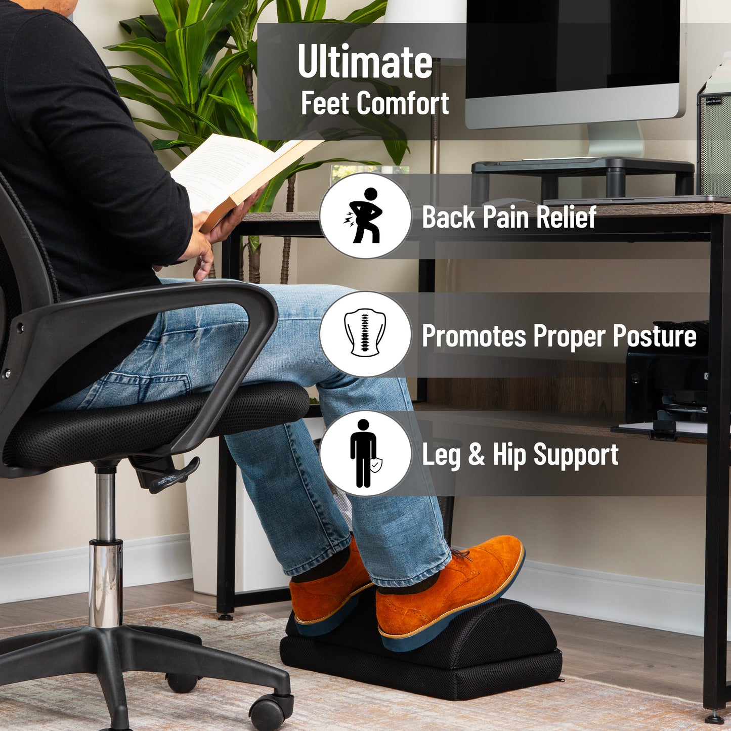 Mind Reader Air-Cloud Memory Foam Under Desk Footrest, Ergonomic Support for Back, Hip, Legs, Knees & Feet, Adjustable Height, Memory Foam, Black