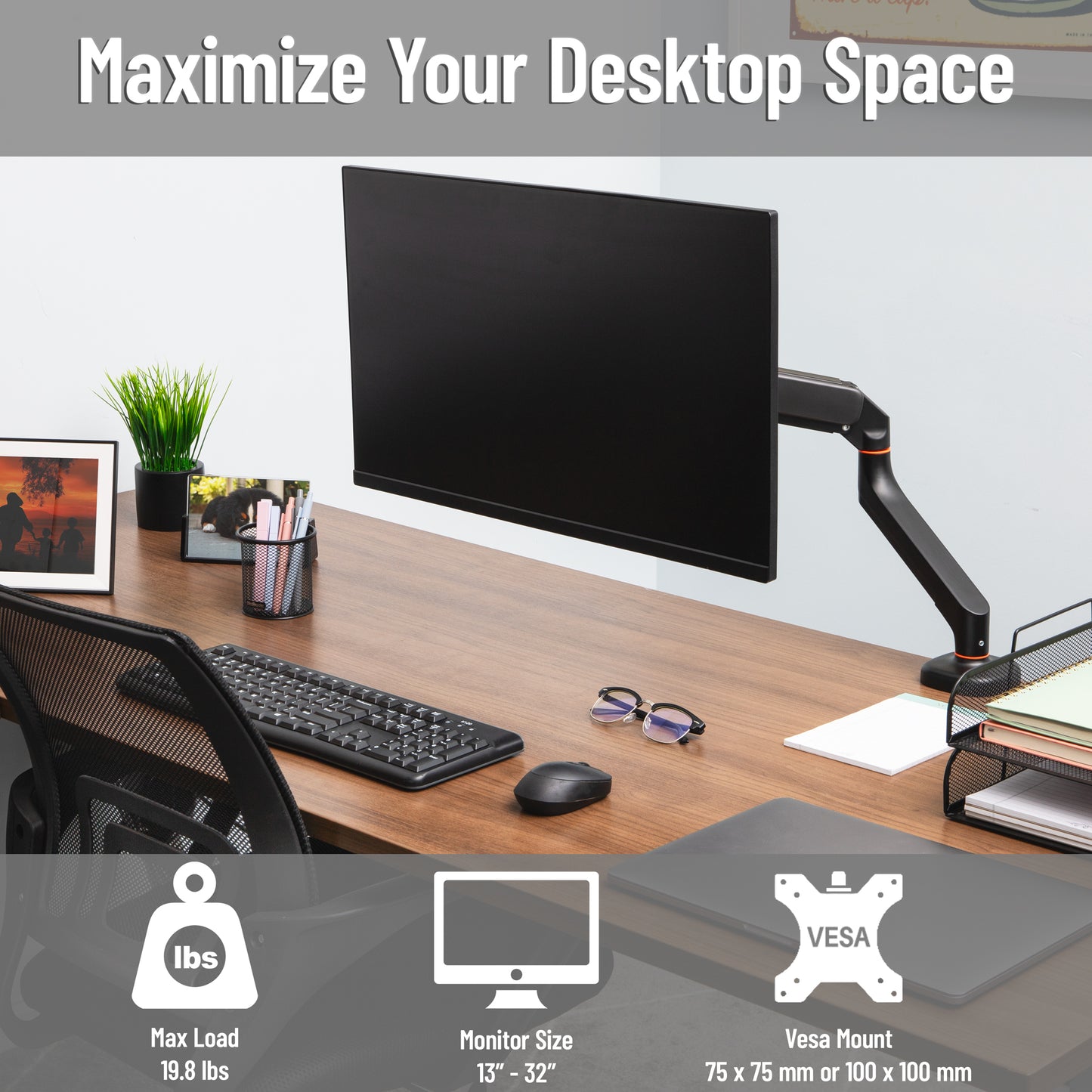 Mind Reader Counter-Balance Gas Spring Monitor Arm, 13"-32" Single Desk Mount, 180° Rotation, Tilt ±65°, Swivel ±180°, VESA 75x75/100x100, 19.8 lb Load, Cable Management, Black